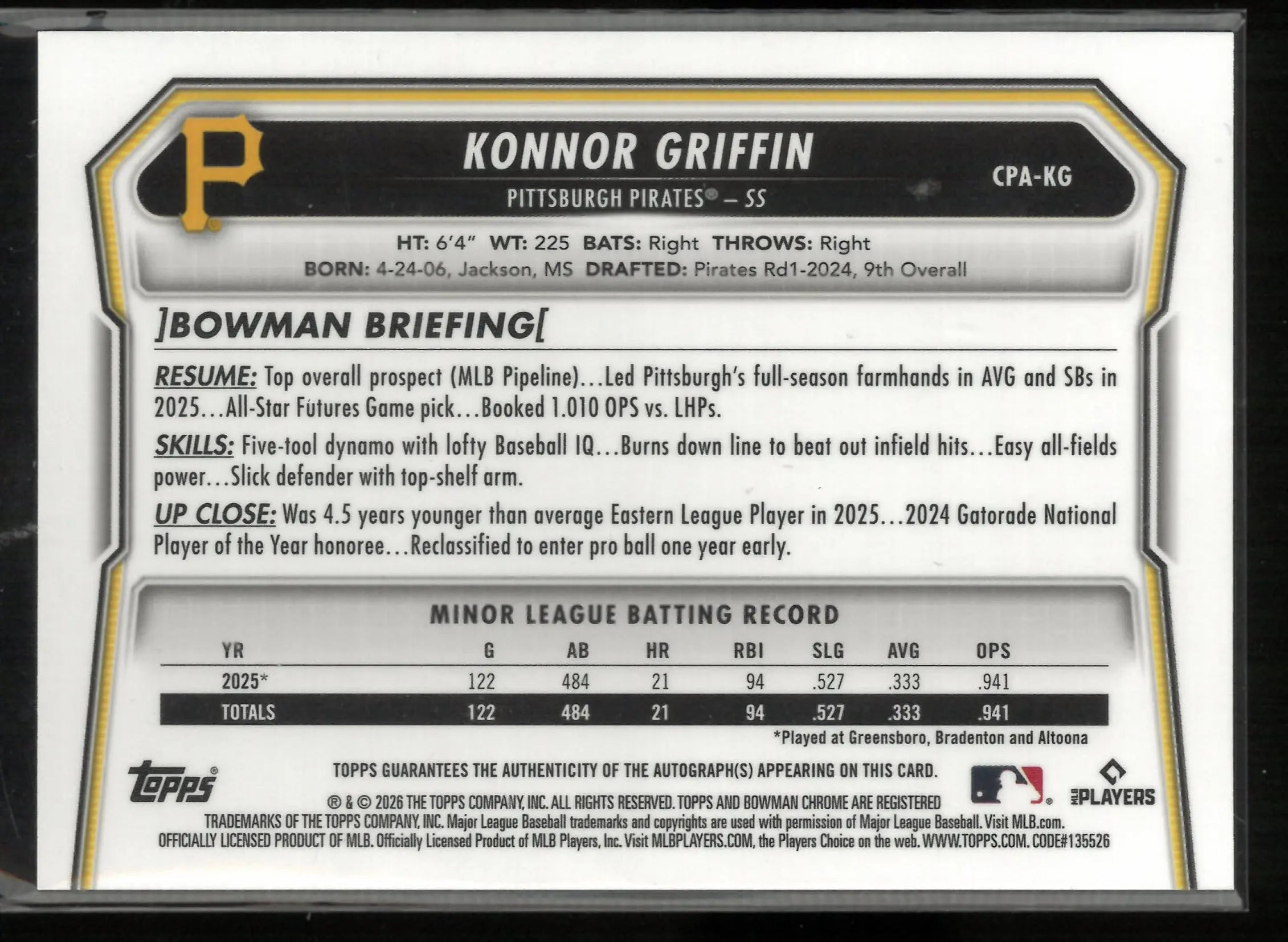 2026 Topps Bowman Chrome Autograph Konnor Griffin Auto Green Grass /99 
