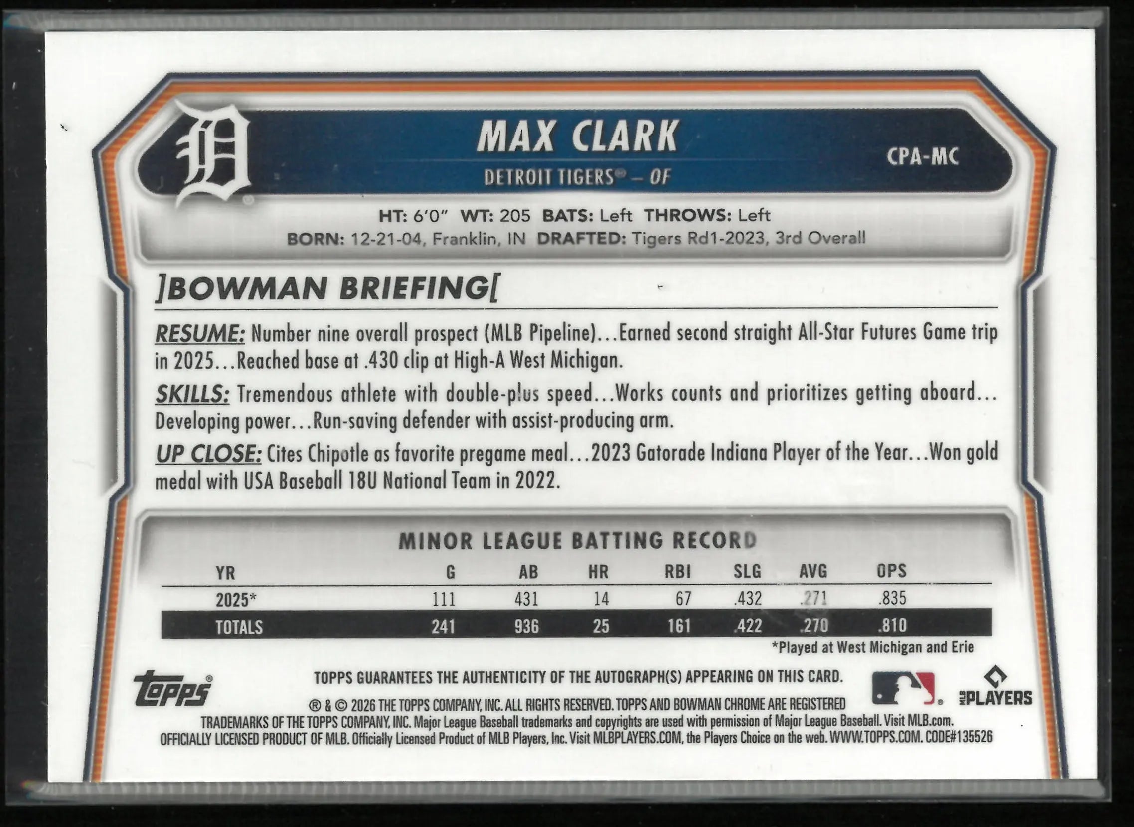 2026 Topps Bowman Chrome Autograph Max Clark Auto Green Refractor /99 