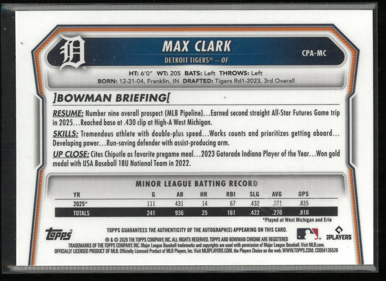2026 Topps Bowman Chrome Autograph Max Clark Auto Green Refractor /99 