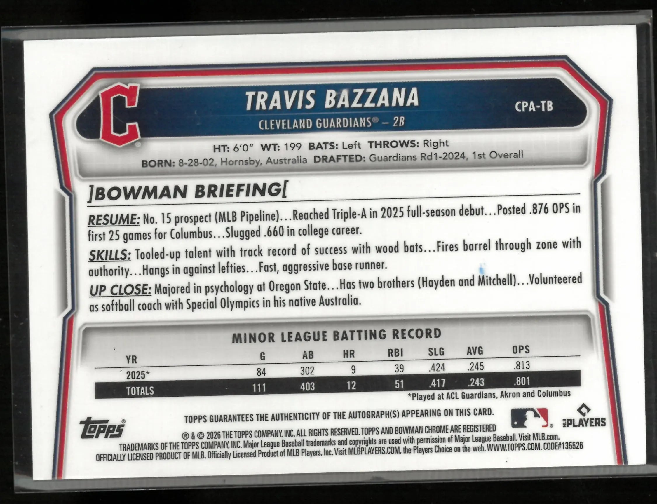 2026 Topps Bowman Chrome Autograph Travis Bazzana Auto Orange Checkers /25 
