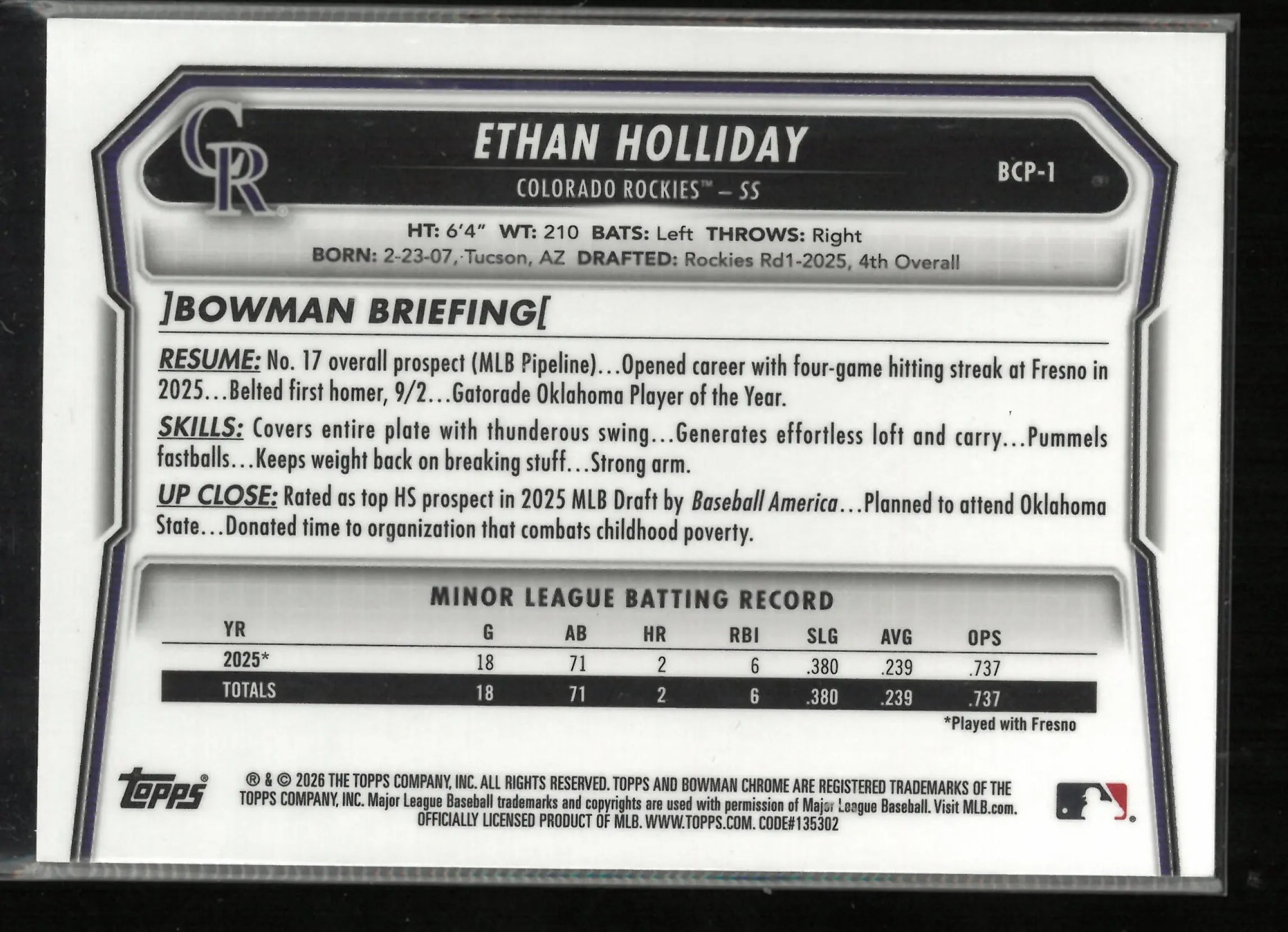 2026 Topps Bowman Chrome Ethan Holliday Steel Metal Refractor /100 