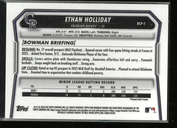 2026 Topps Bowman Chrome Ethan Holliday Steel Metal Refractor /100 