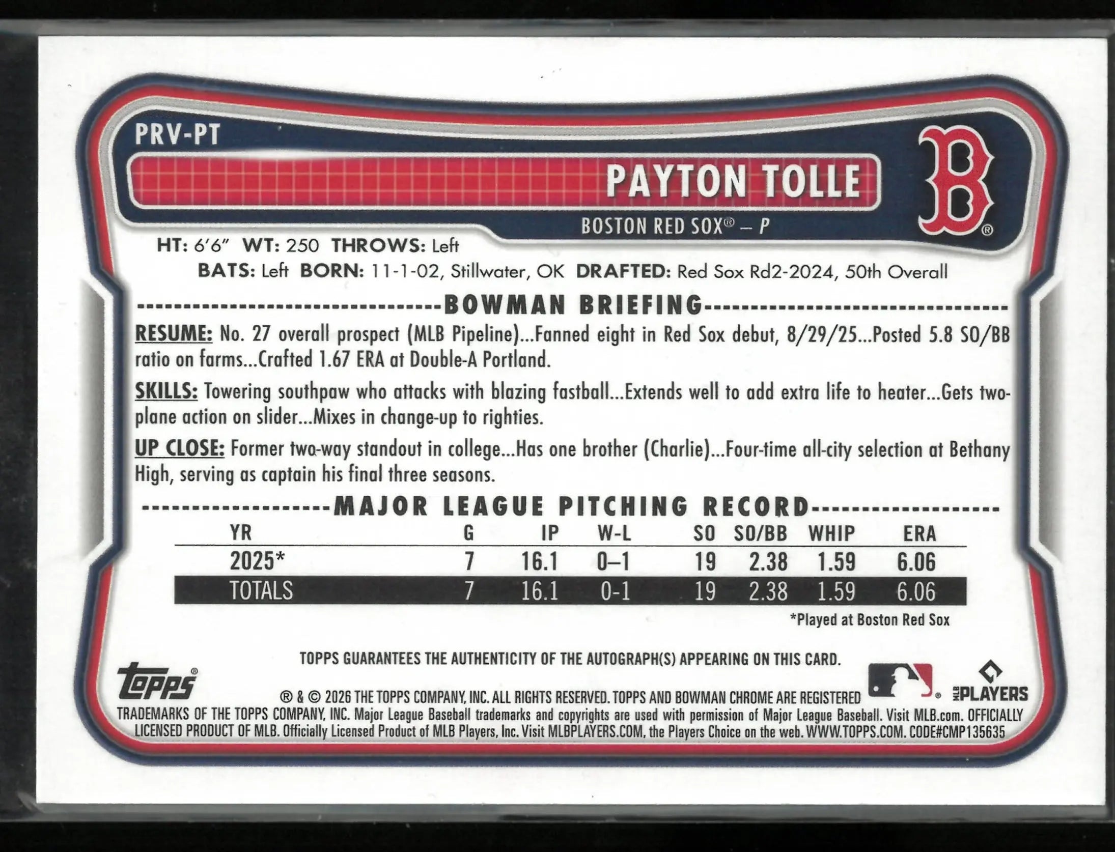 2026 Topps Bowman Rookie Autograph Payton Tolle Auto Green /99 RC 