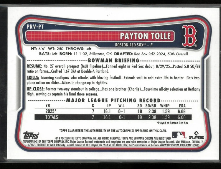 2026 Topps Bowman Rookie Autograph Payton Tolle Auto Green /99 RC 