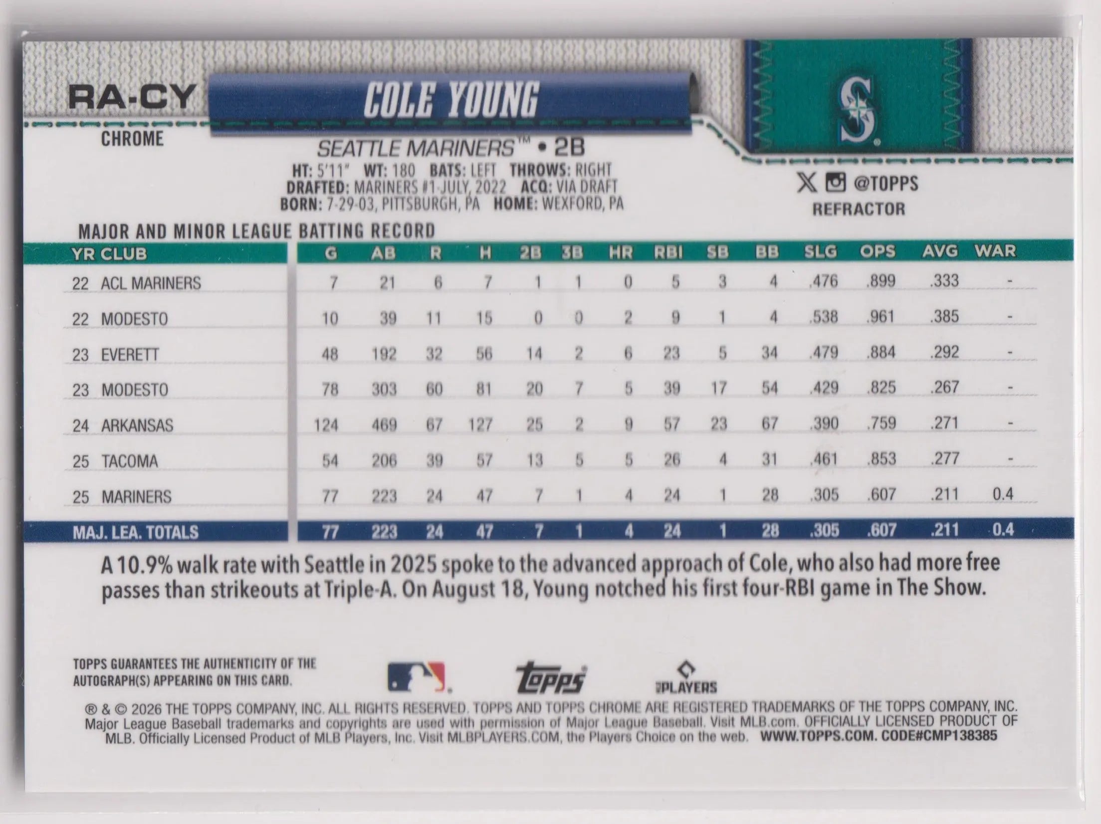 2026 Topps Chrome Rookie Autograph Cole Young Auto /499 
