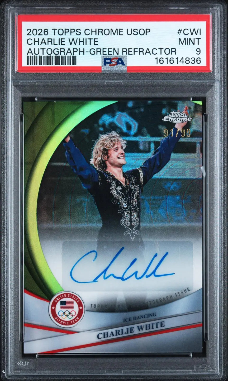 2026 Topps Chrome U.S. Winter Olympic Auto Charlie White Green Ref. /99 PSA 9 