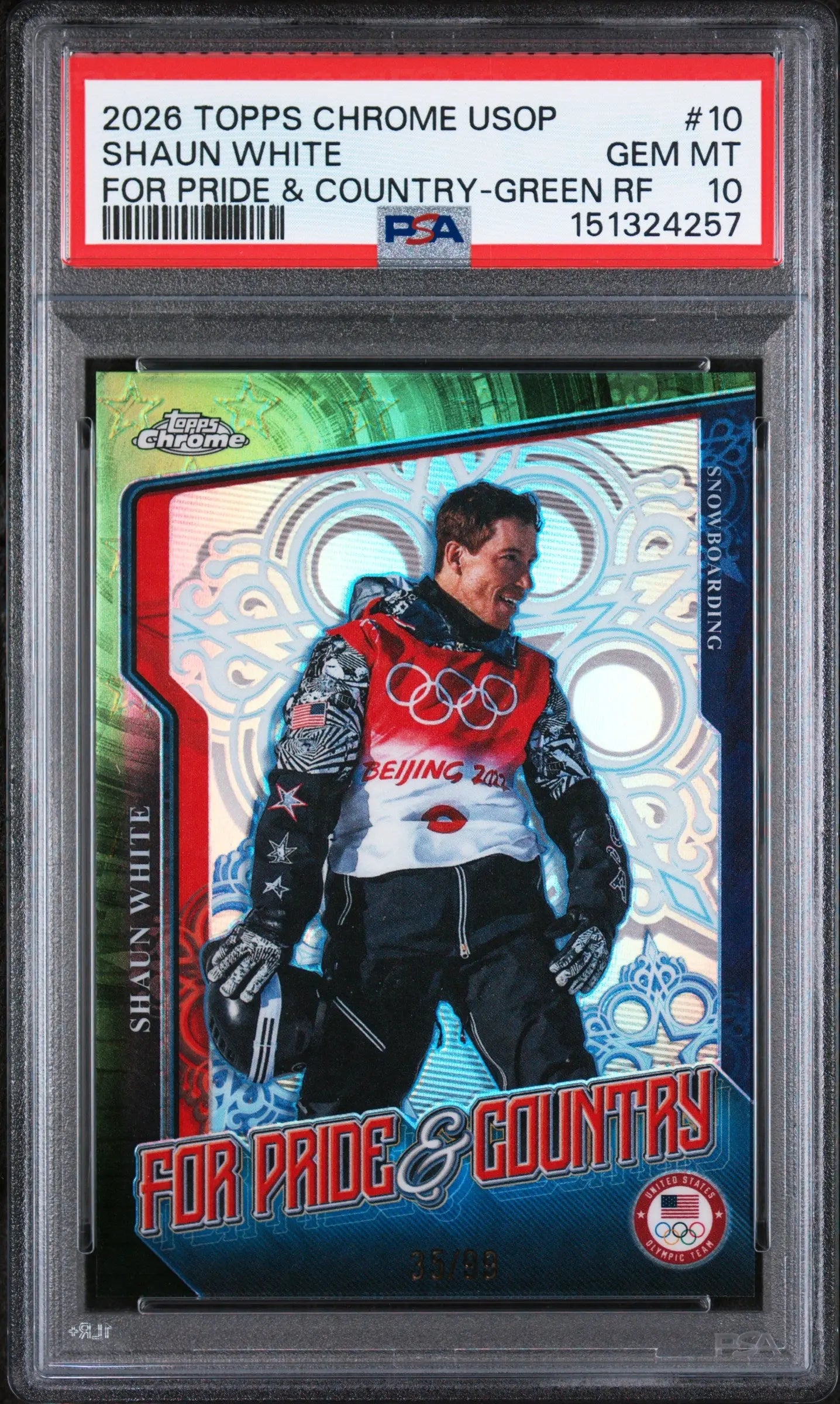 2026 Topps Chrome US Winter Olympic Pride & Country Shaun White Green /99 PSA 10 