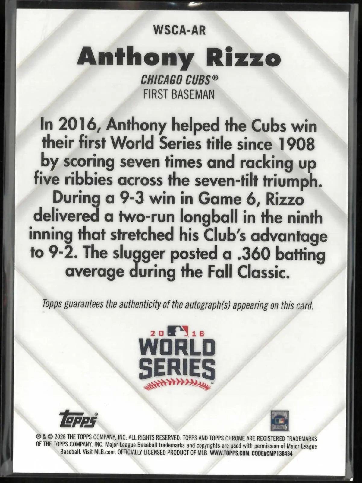 2026 Topps Chrome World Series Champion Autograph Anthony Rizzo Auto /100 