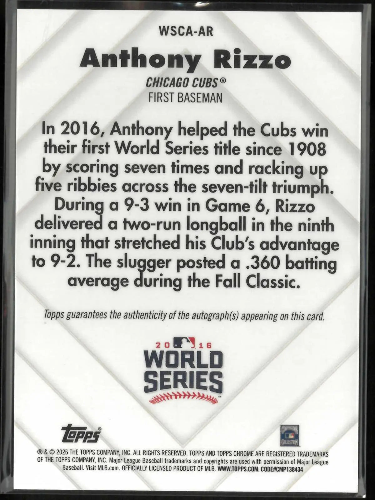 2026 Topps Chrome World Series Champion Autograph Anthony Rizzo Auto /100 