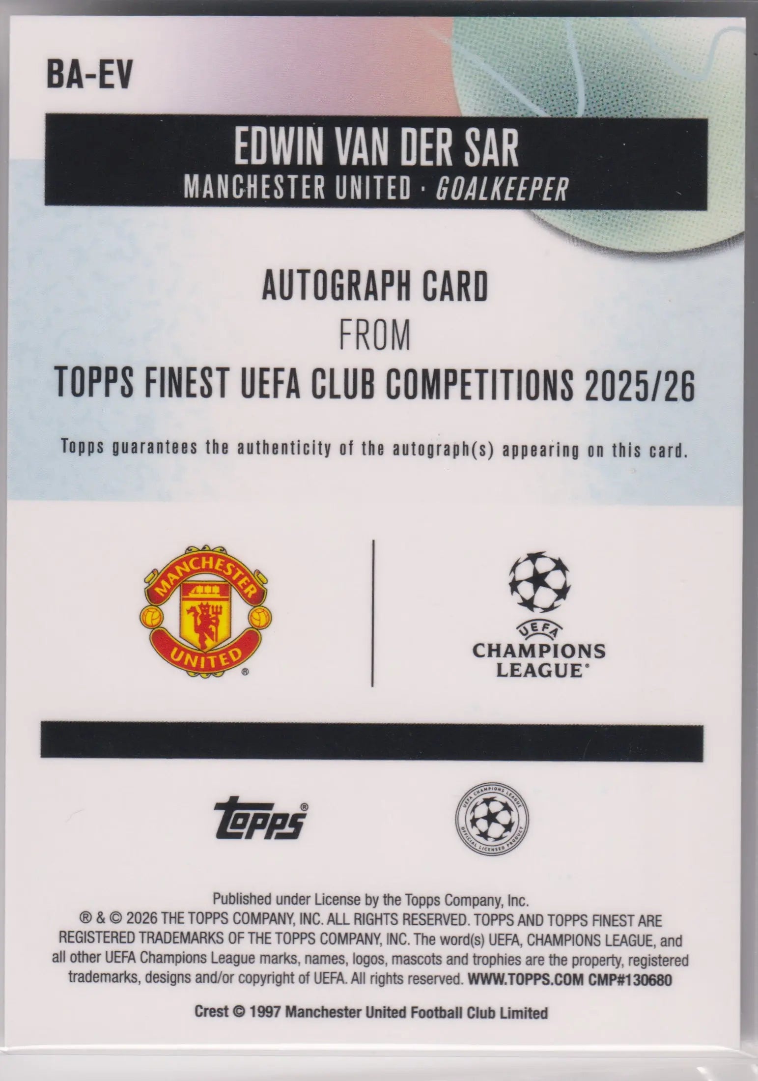 2026 Topps Finest UEFA CC Autograph Edwin Van Der Sar Auto Green Wave /99 
