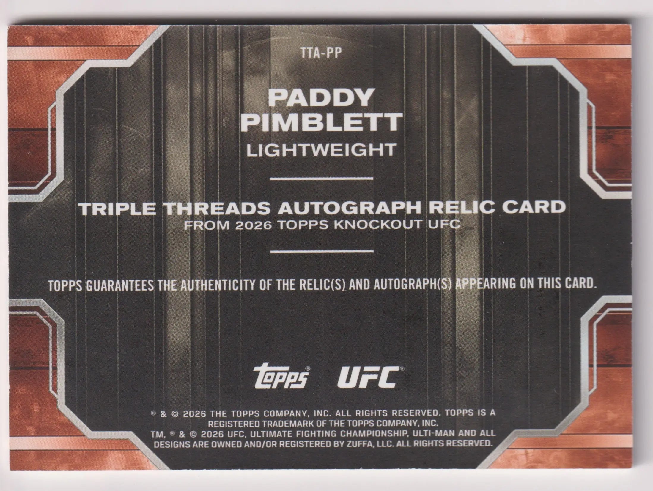 2026 Topps Knockout UFC Triple Patch Autograph Paddy Pimblett Auto Red /25 