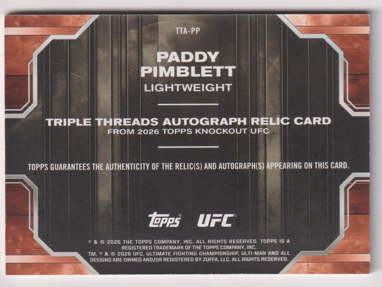 2026 Topps Knockout UFC Triple Patch Autograph Paddy Pimblett Auto Red /25 