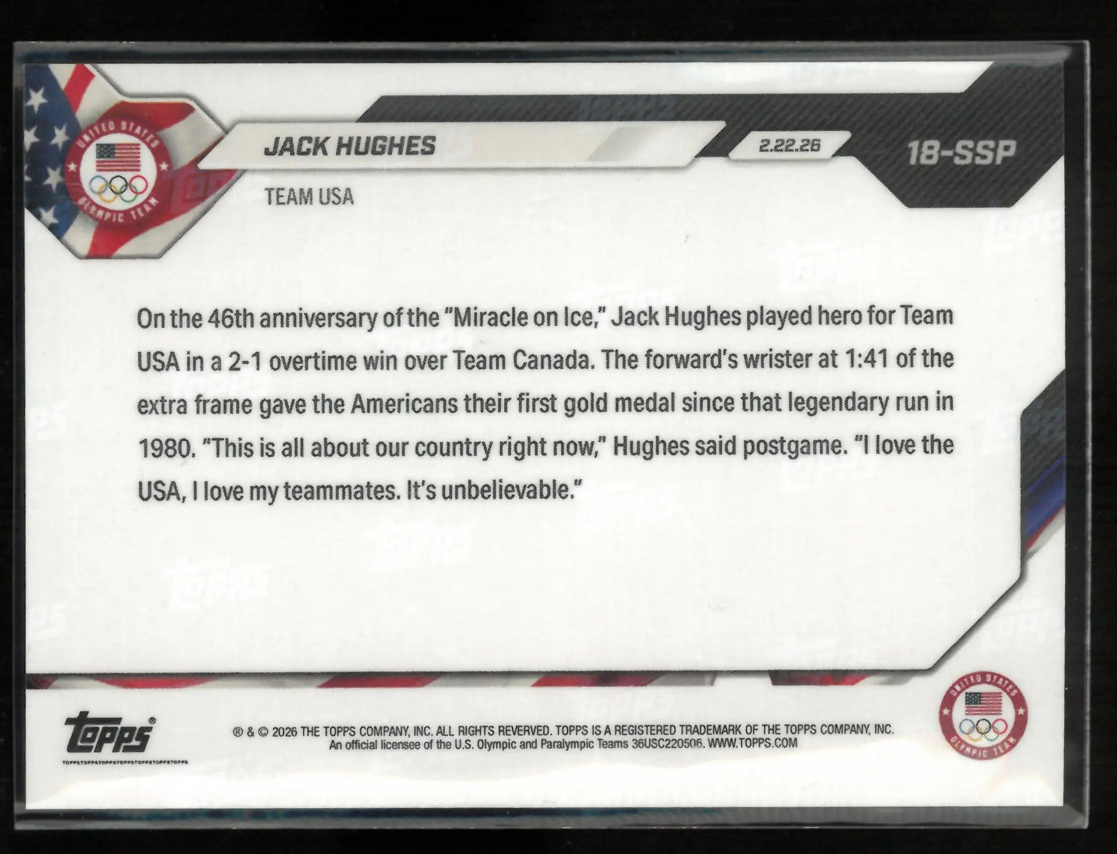 2026 Topps Now Team USA Olympics Jack Hughes Golden Goal! Men's Hockey Gold 
