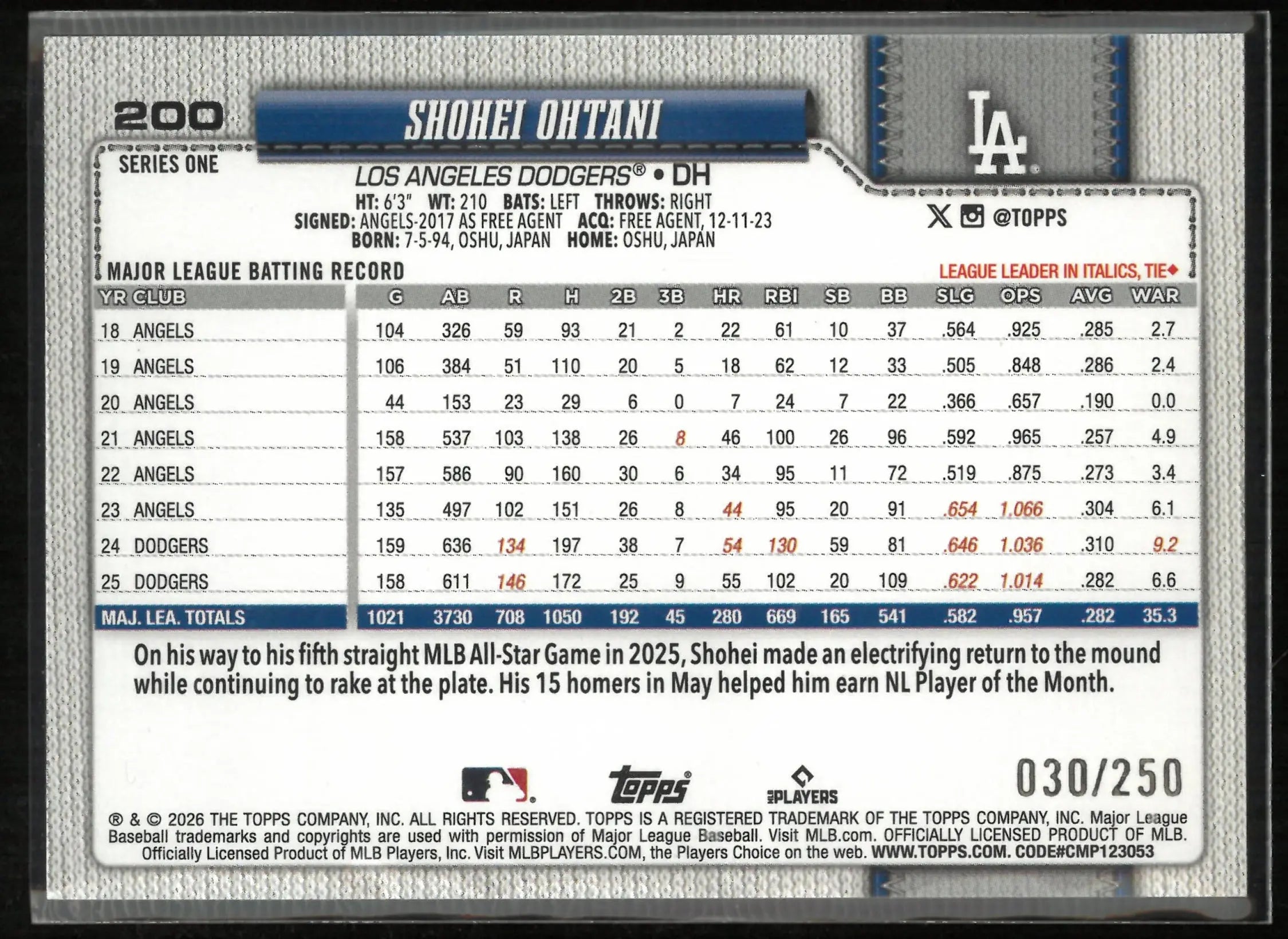 2026 Topps Series 1 Shohei Ohtani Purple Refractor 30/250 