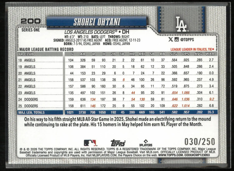 2026 Topps Series 1 Shohei Ohtani Purple Refractor 30/250 