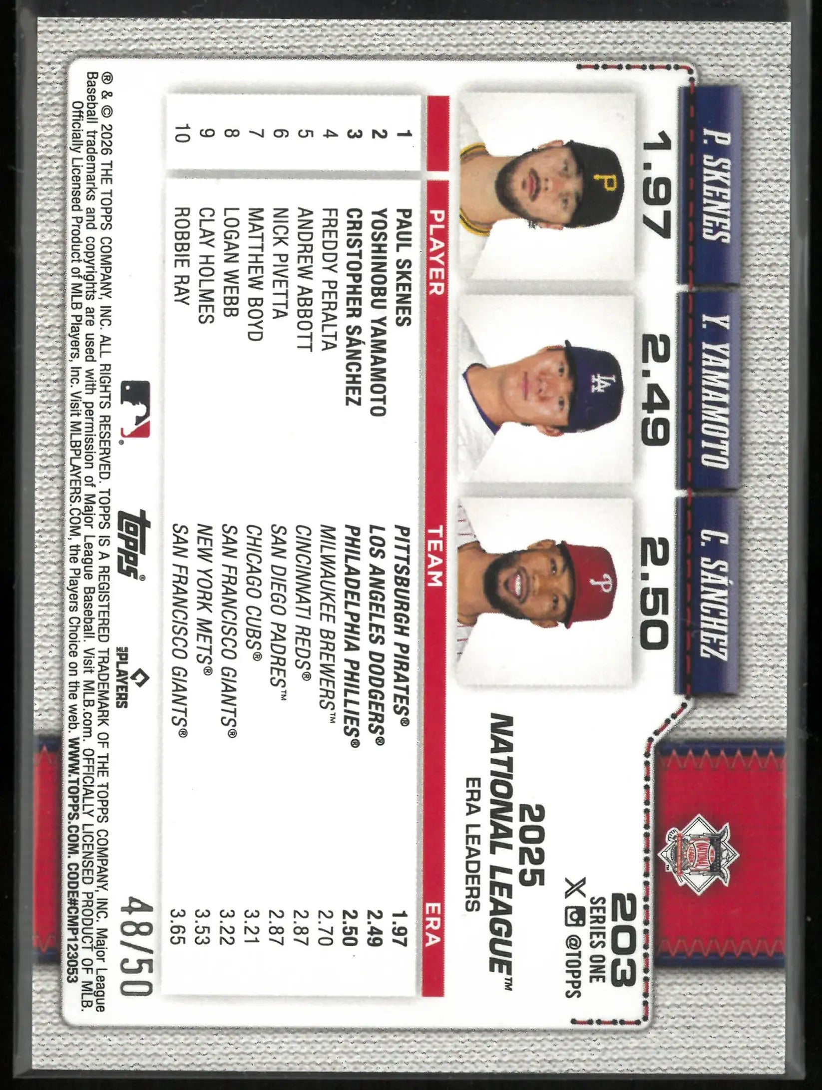 2026 Topps Series One National League Leaders ERA Skenes/Yamamoto/Sanchez Topps 75 Gold /50 