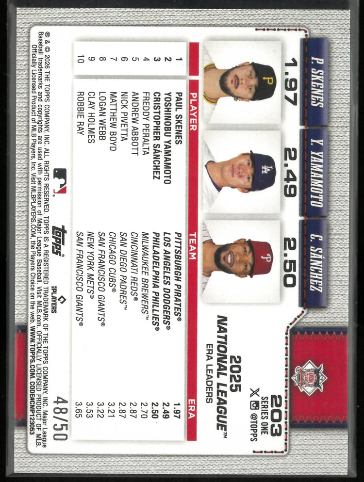 2026 Topps Series One National League Leaders ERA Skenes/Yamamoto/Sanchez Topps 75 Gold /50 