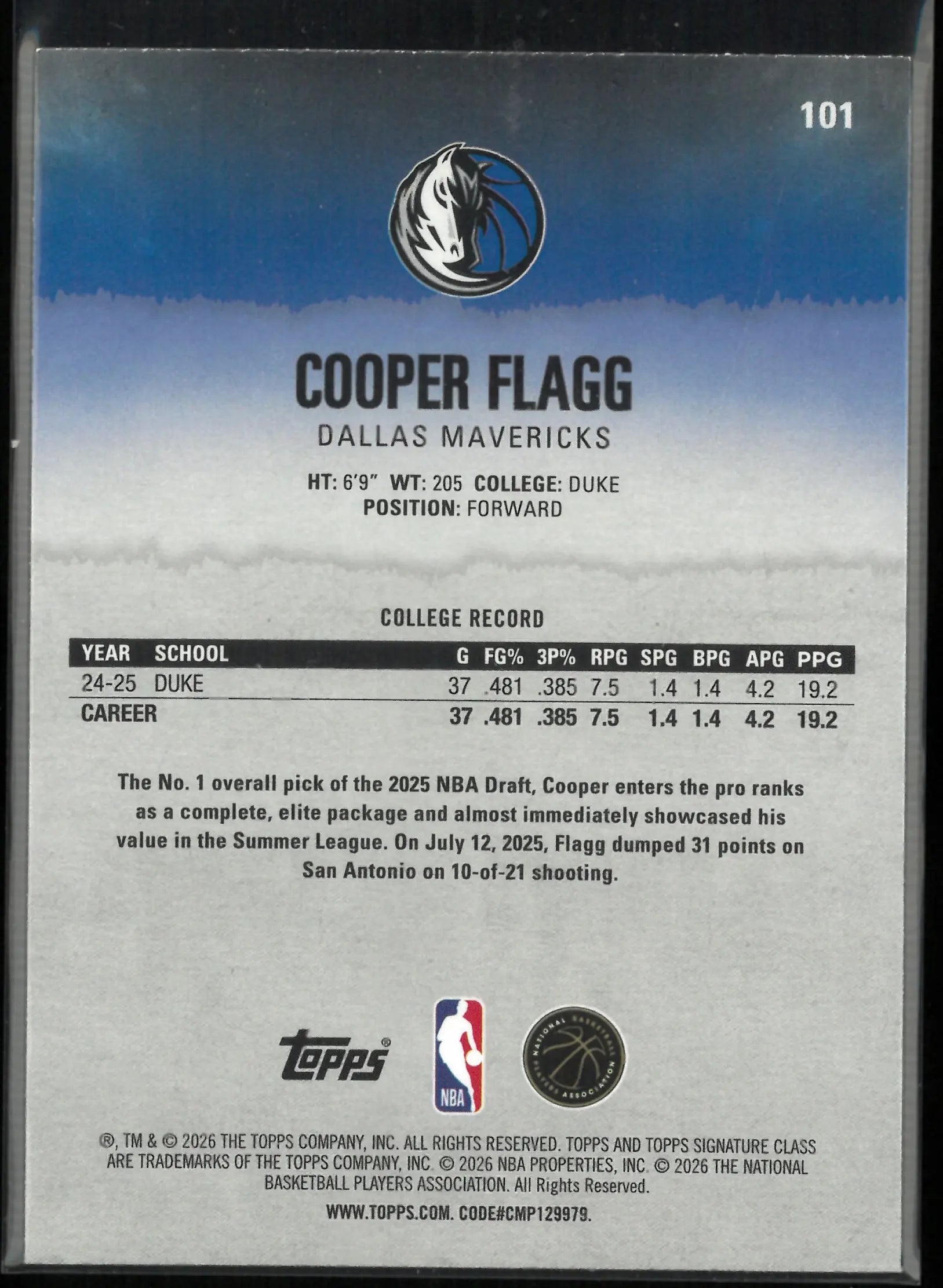 2026 Topps Signature Class Rookie Cooper Flagg Coral /299 RC 