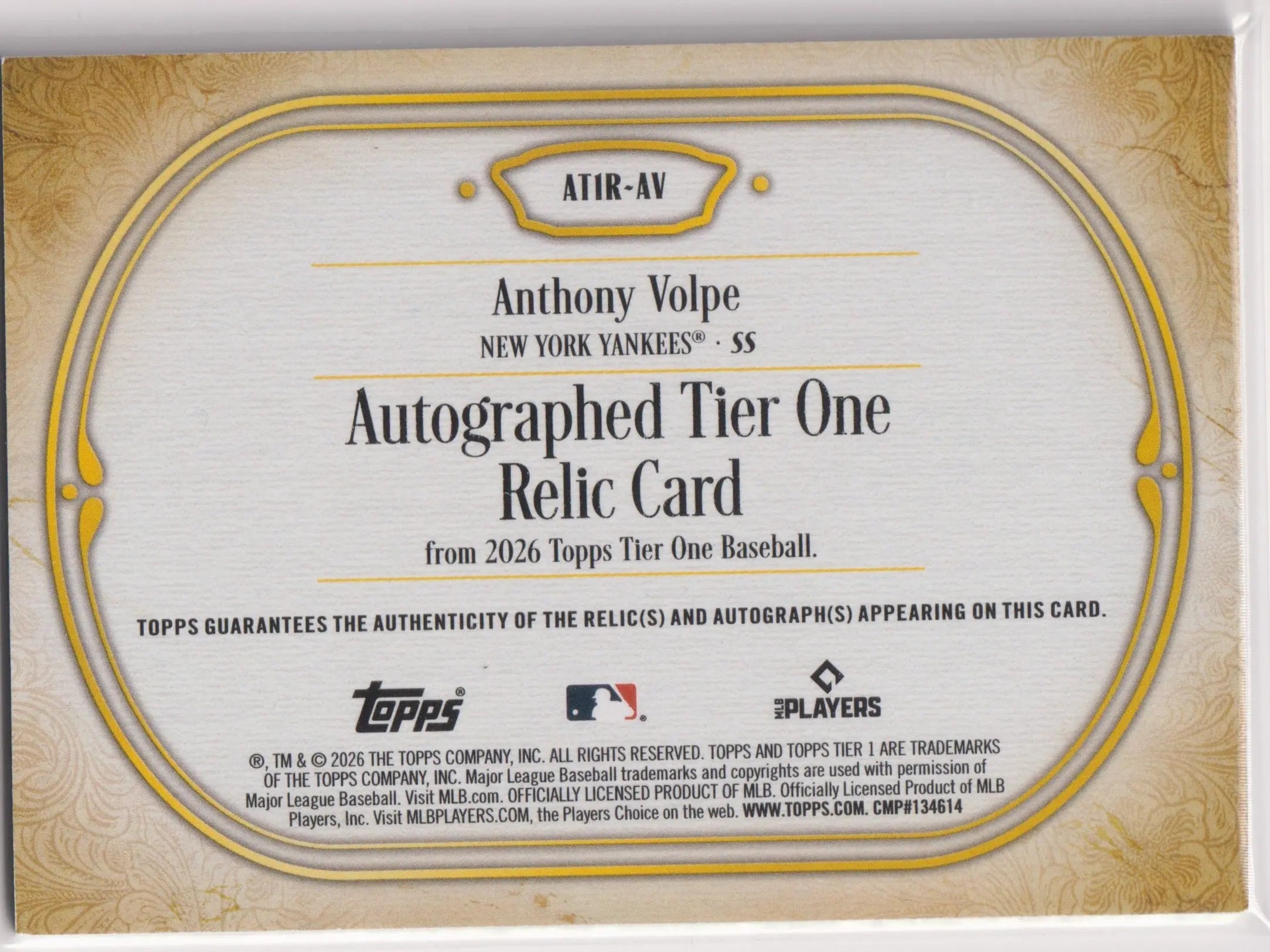 2026 Topps Tier One Autograph Patch Anthony Volpe Auto /199 