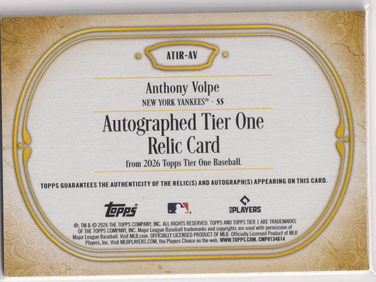 2026 Topps Tier One Autograph Patch Anthony Volpe Auto /199 
