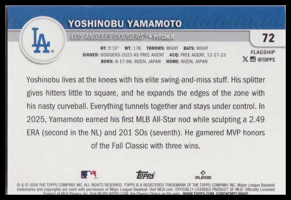2026 Topps #72 Yoshinobu Yamamoto Flagship Collection Chrome Red #/5 
