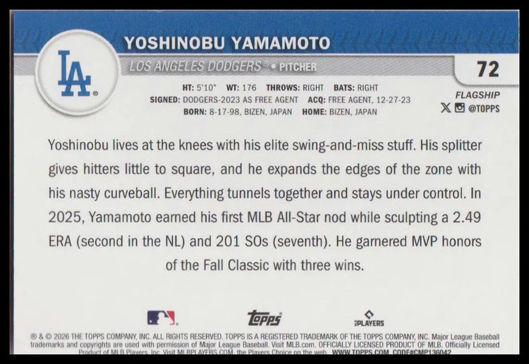 2026 Topps #72 Yoshinobu Yamamoto Flagship Collection Chrome Red #/5 
