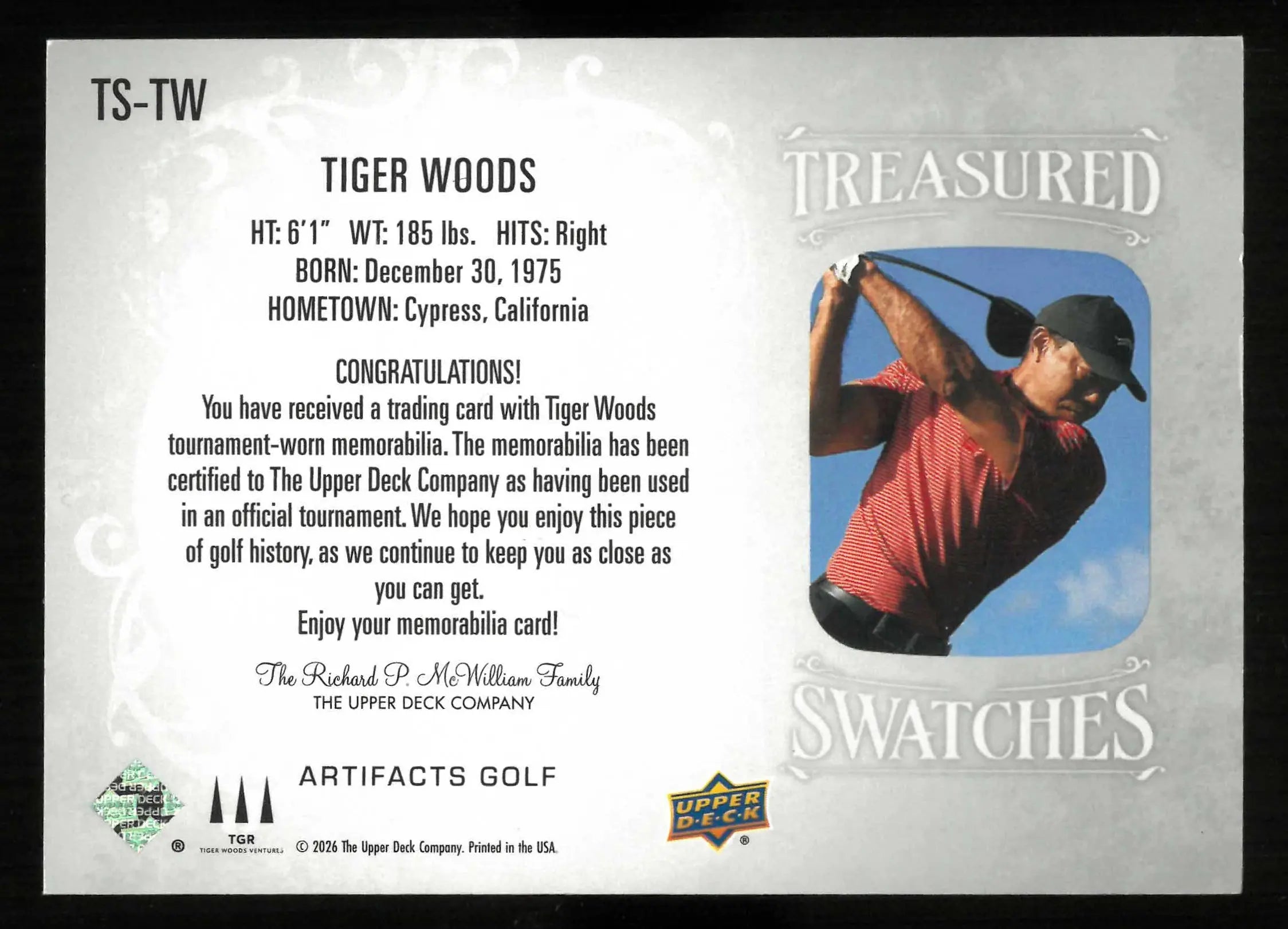 2026 Upper Deck Artifacts Golf Treasured Swatches Patch Tiger Woods 