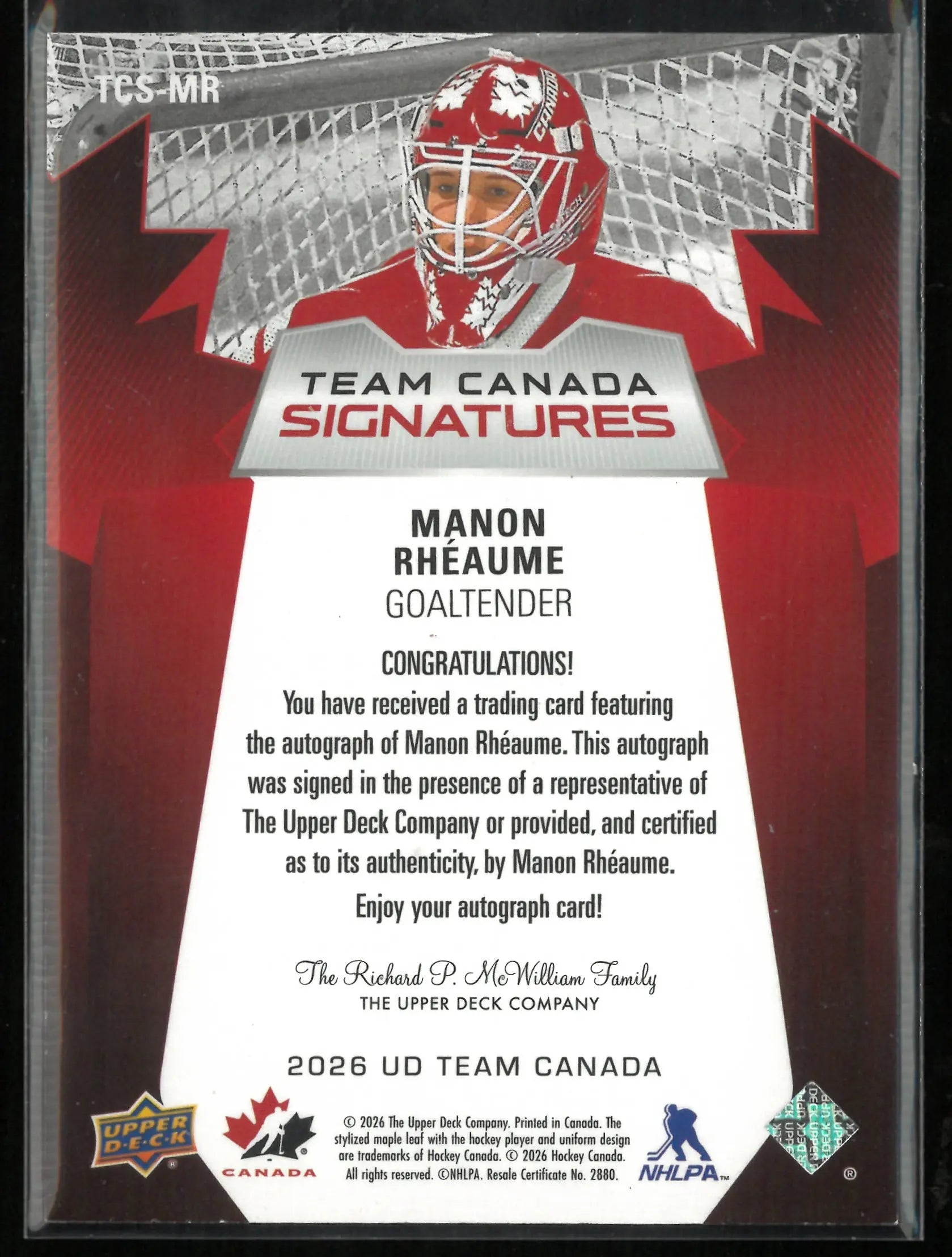 2026 Upper Deck Team Canada Signatures Autograph Manon Rheaume Auto 