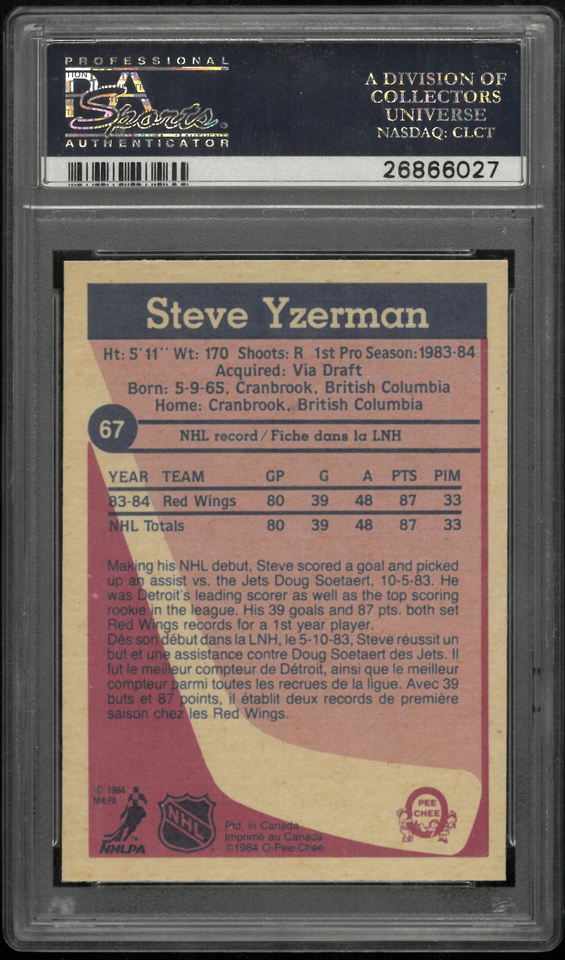 1984 O-Pee-Chee Hockey Steve Yzerman RC Rookie #67 PSA 8