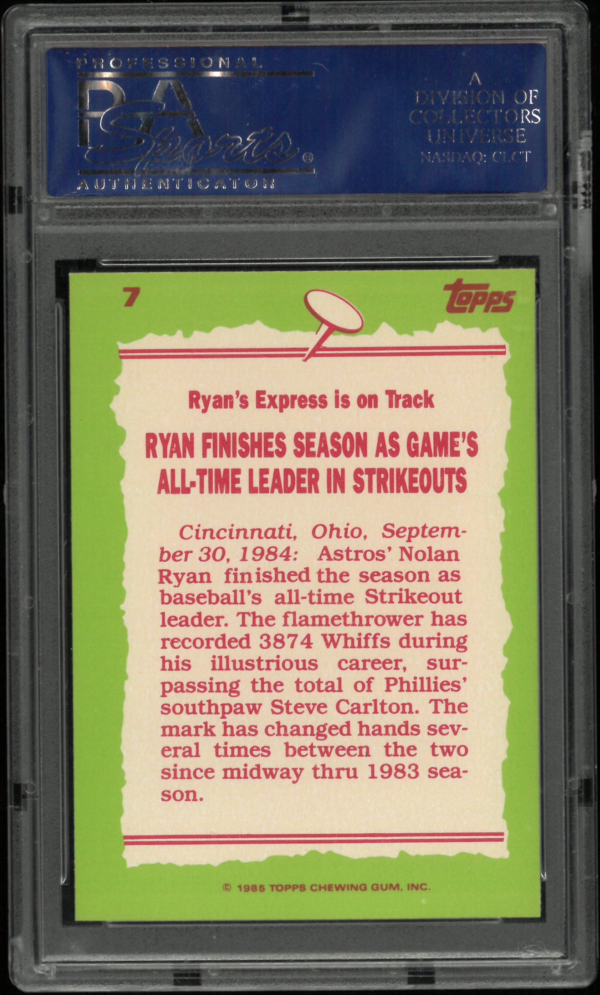 1985 Topps Tiffany Nolan Ryan PSA 9
