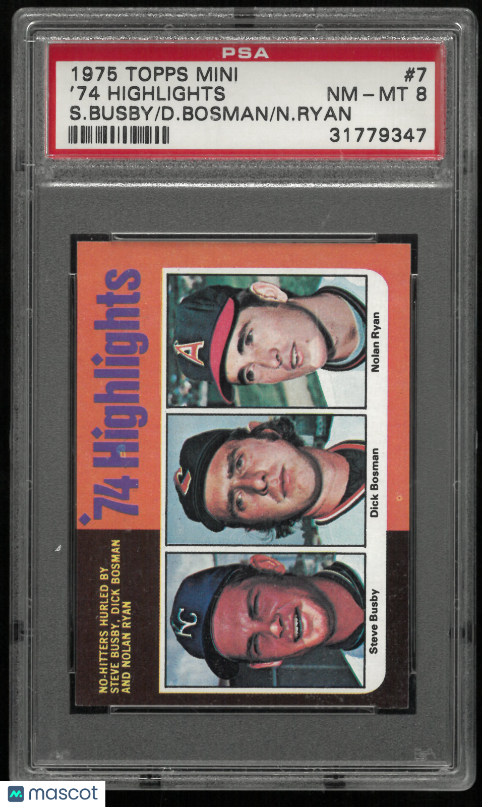 1975 Topps Mini '74 Highlights S. Busby D. Bosman N. Ryan PSA 8