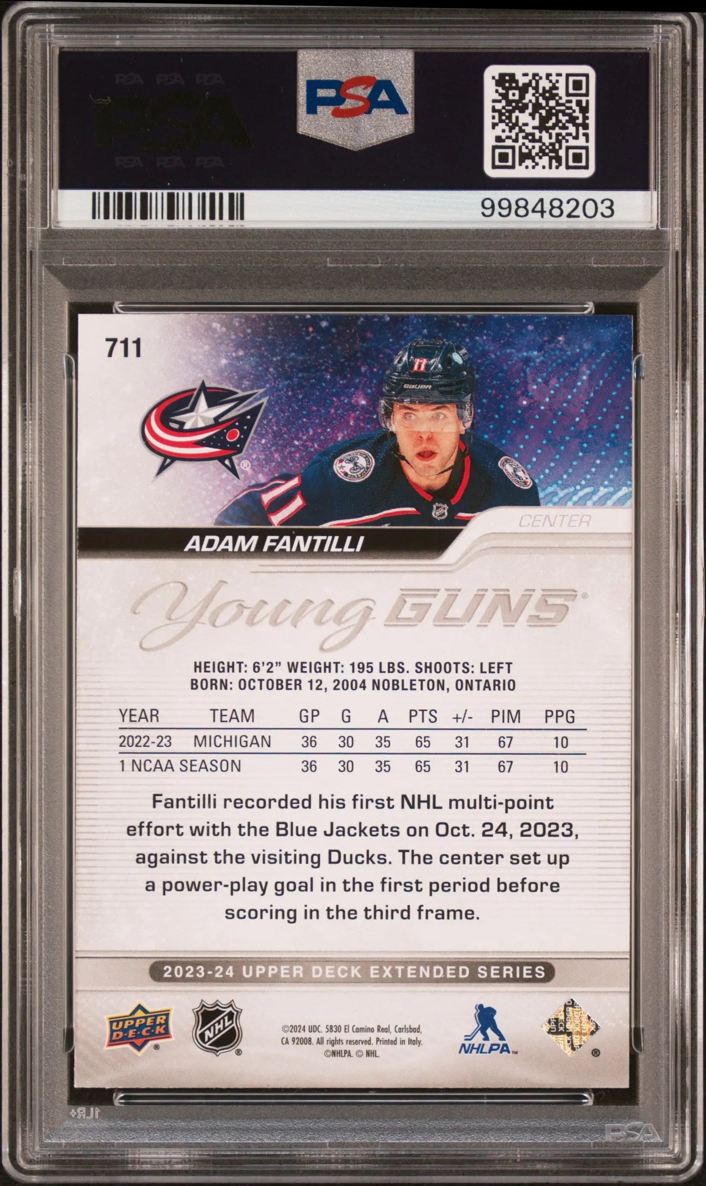 Adam Fantilli /100 Exclusives Young Guns RC Rookie PSA 9 UD Upper Deck 2023-24 