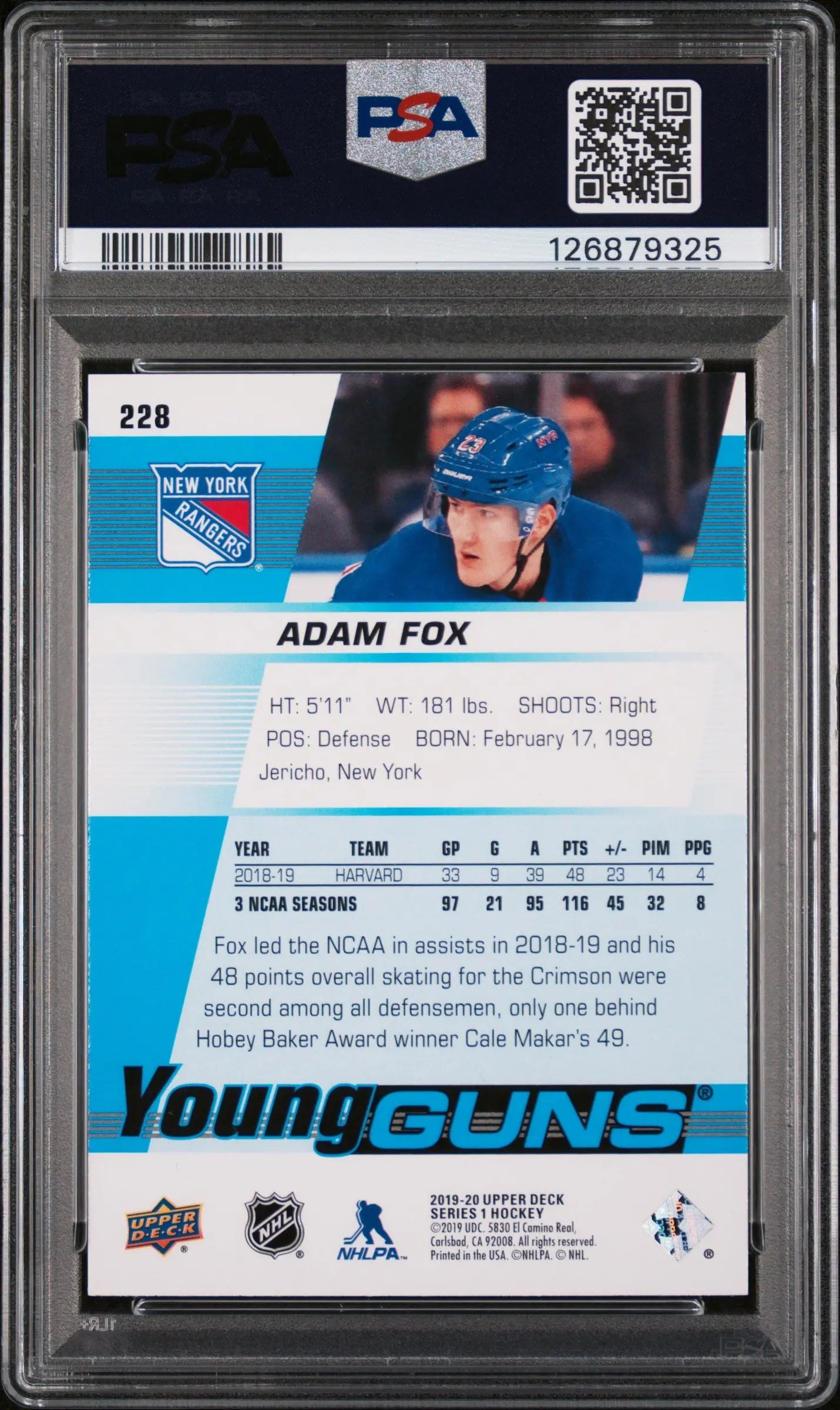 Adam Fox Yong Guns PSA 10 RC Rookie UD Upper Deck 2019-20 19-20 