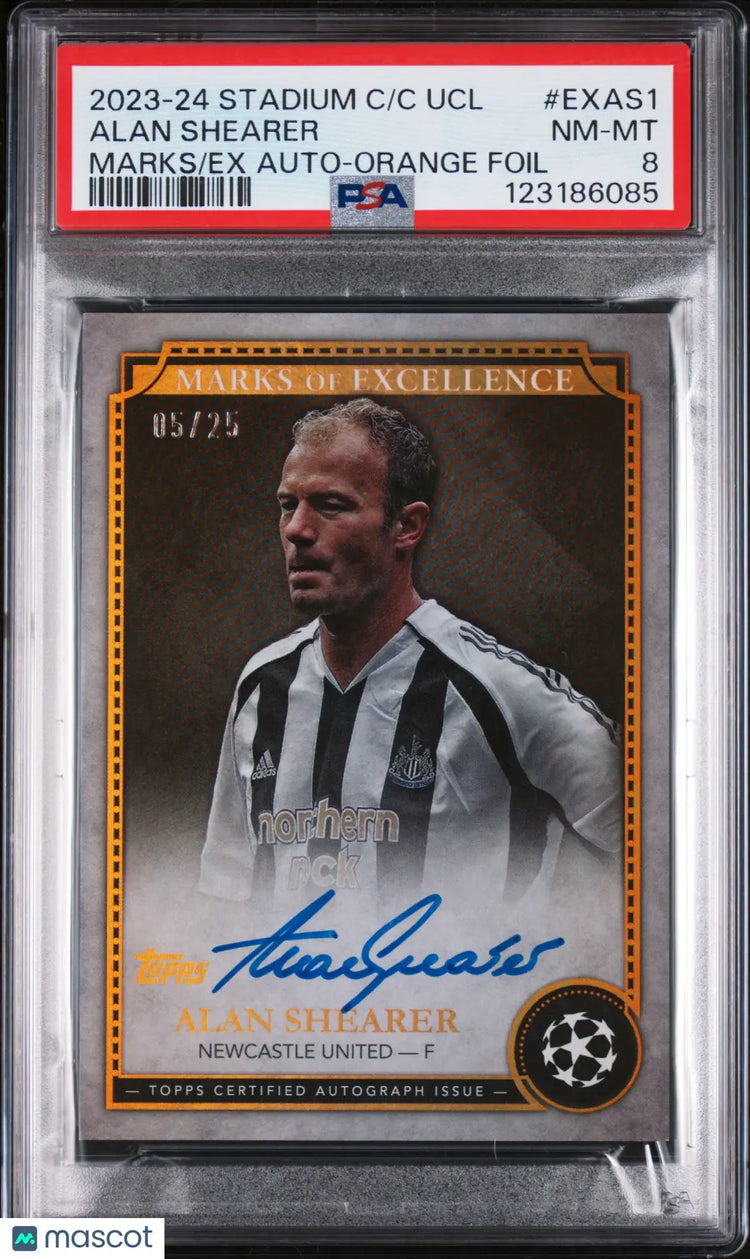 Alan Shearer /25 Auto PSA 8 2023-24 Topps Stadium Club UCL Marks of Excellence 