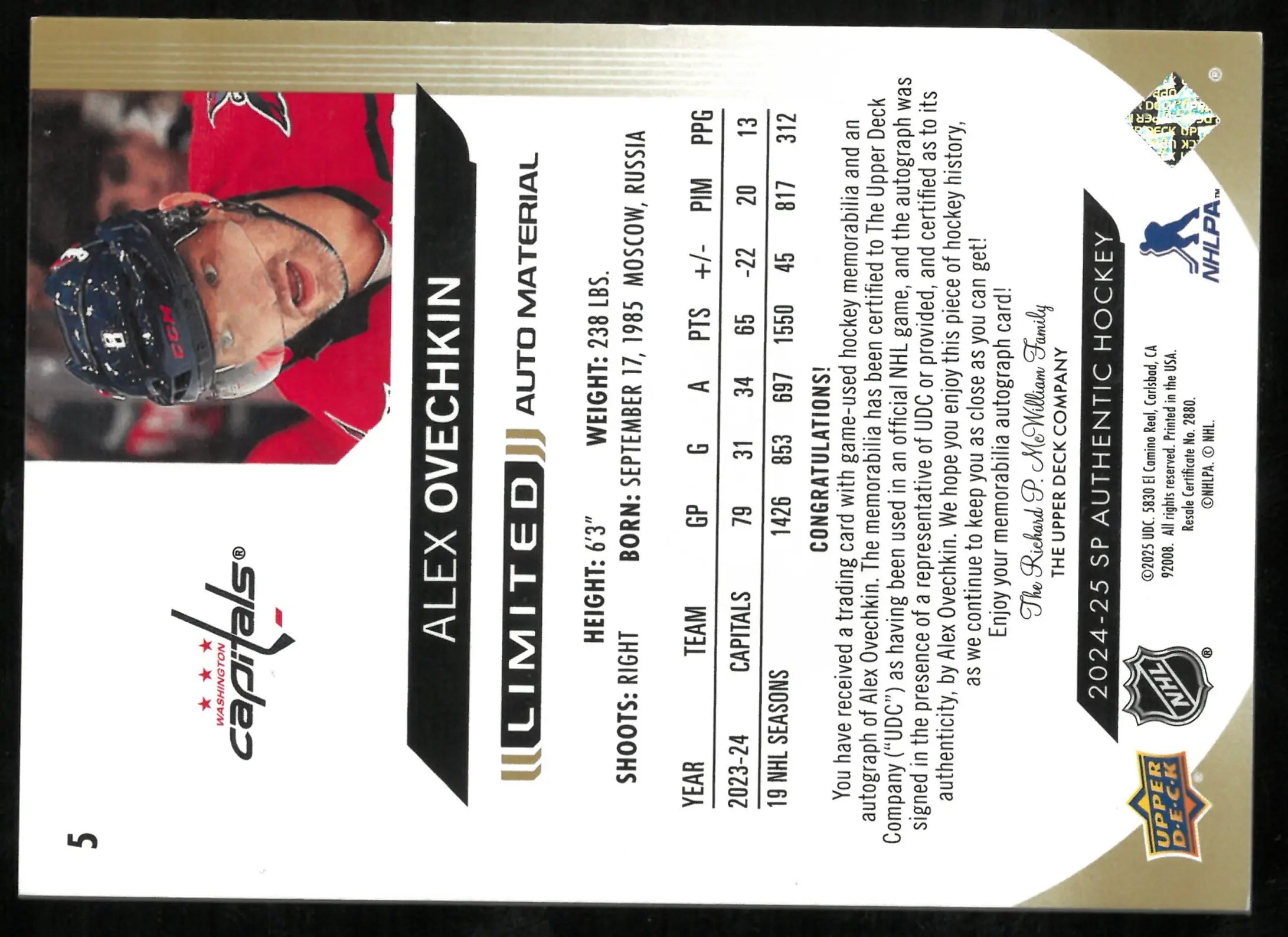 Alex Ovechkin /10 1/10 PATCH AUTO 2024-25 SP Authentic Limited Material 