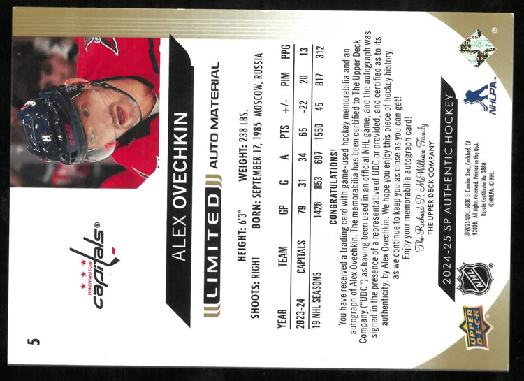 Alex Ovechkin /10 1/10 PATCH AUTO 2024-25 SP Authentic Limited Material 