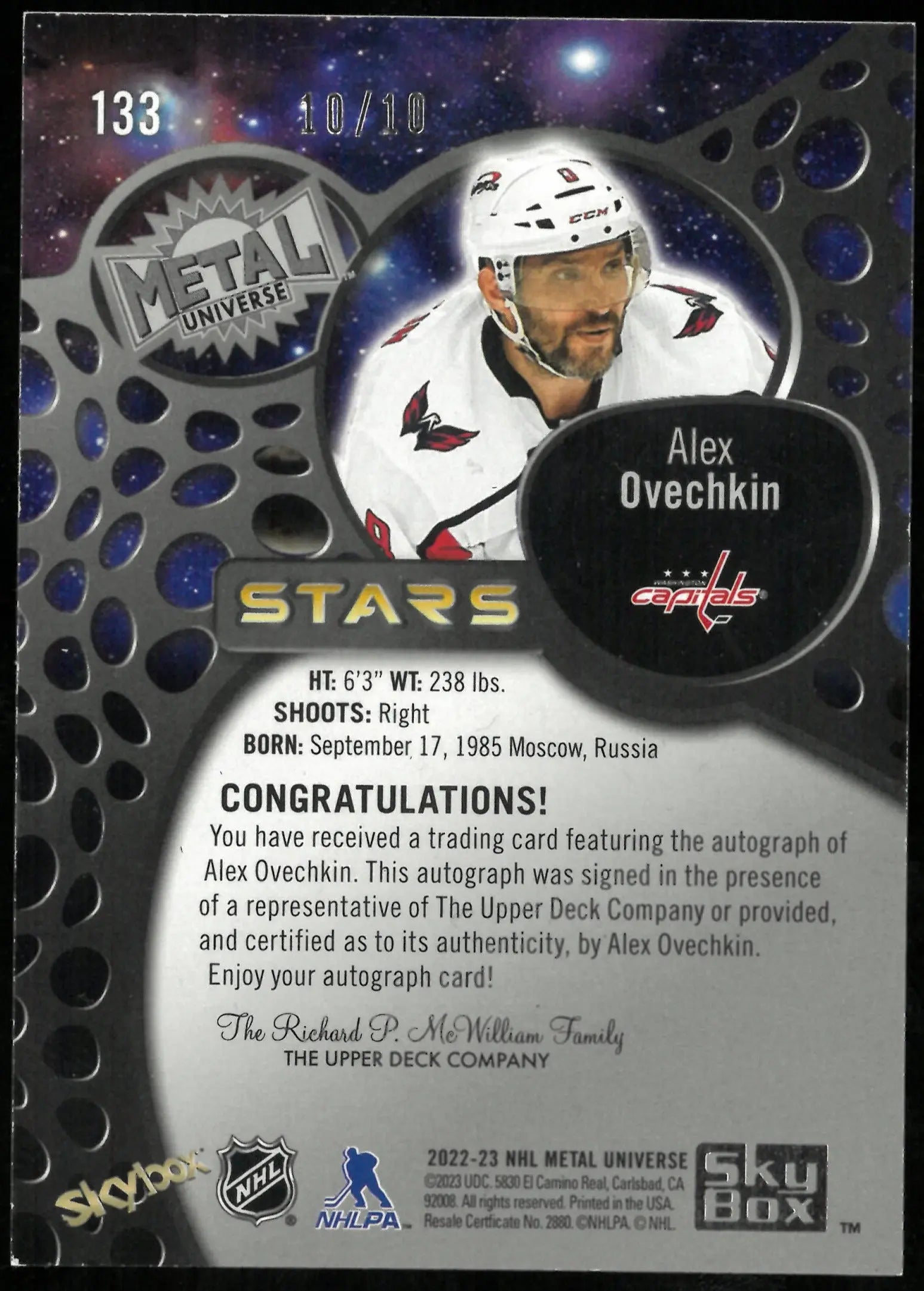 Alex Ovechkin Auto /10 10/10 2022-23 Metal Universe Green PMG 