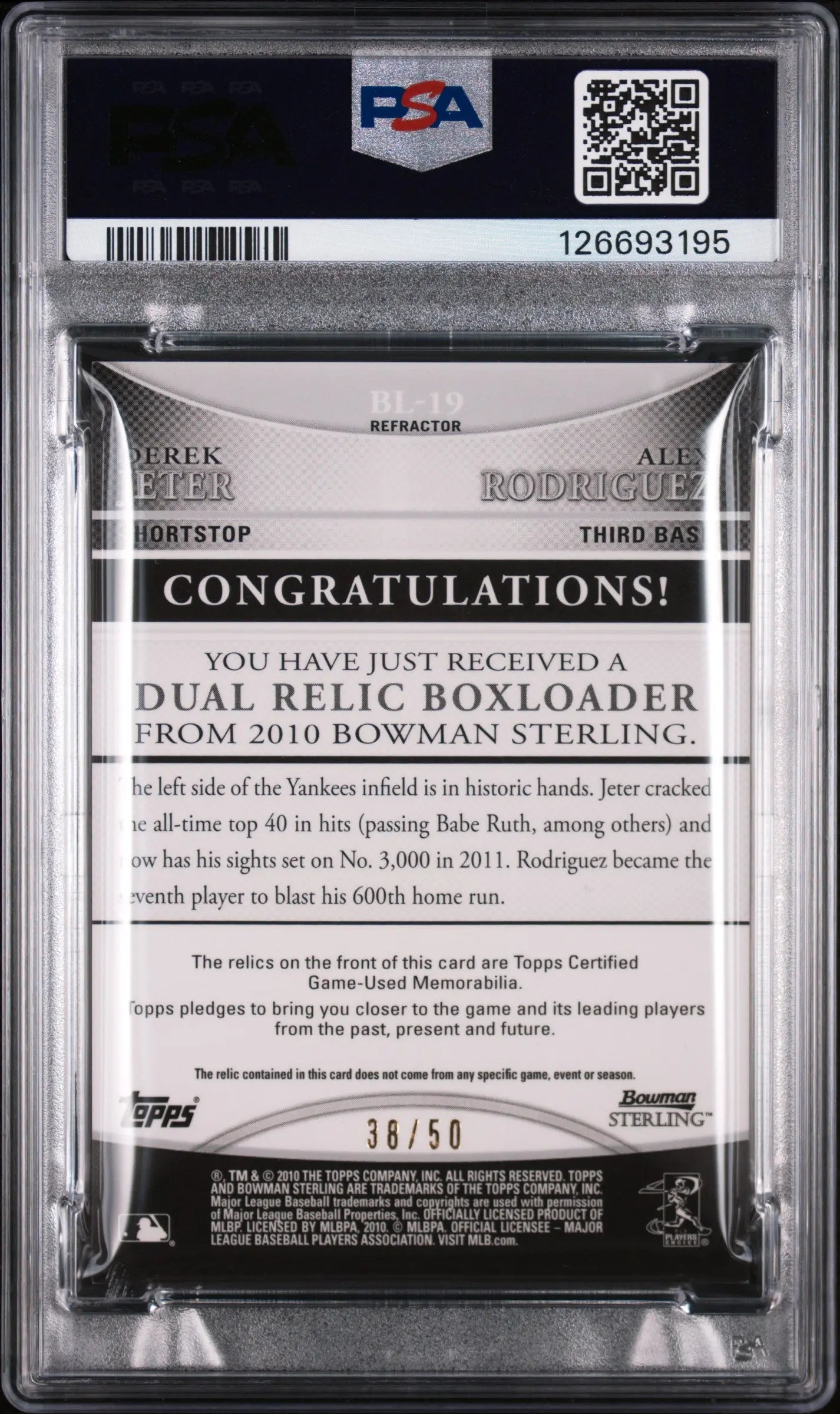 Alex Rodriguez Derek Jeter Dual Jersey GOLD /50 PSA 8 2010 Bowman Sterling 