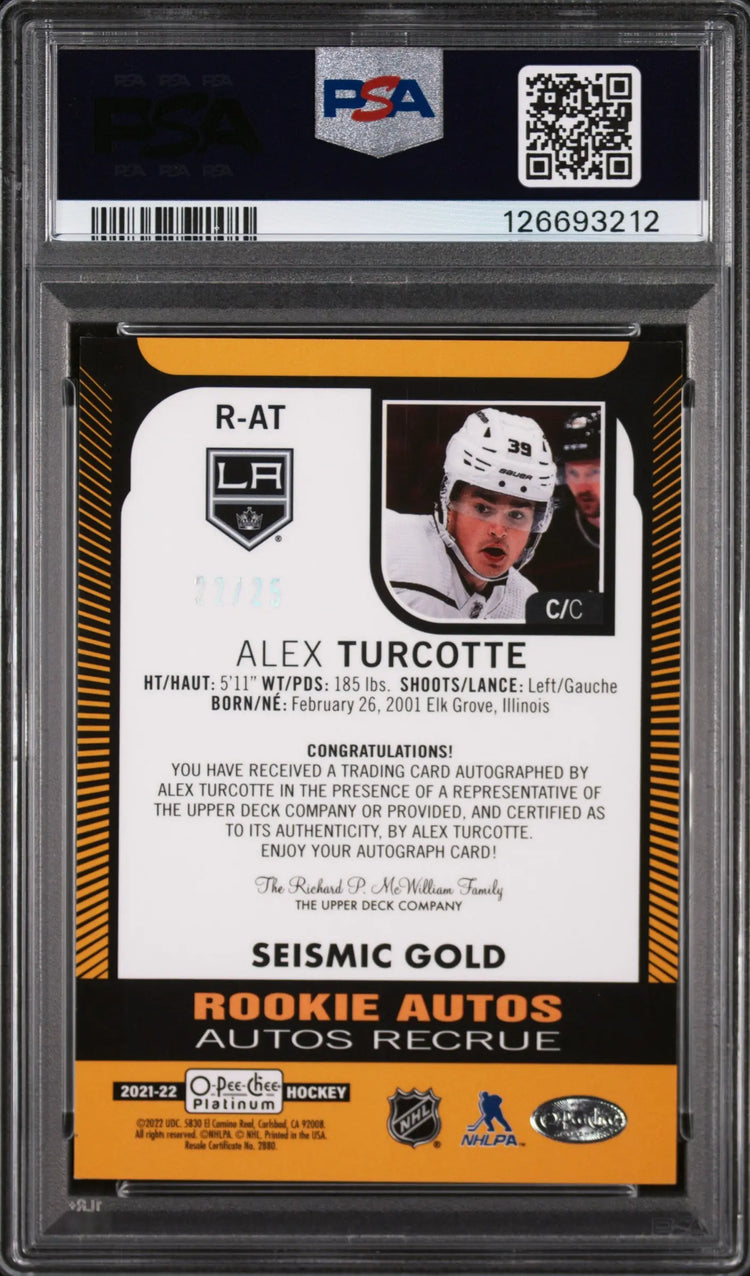 Alex Turcotte /25 RC Rookie Autograph 2021-22 Platinum O Pee Chee Seismic Gold 