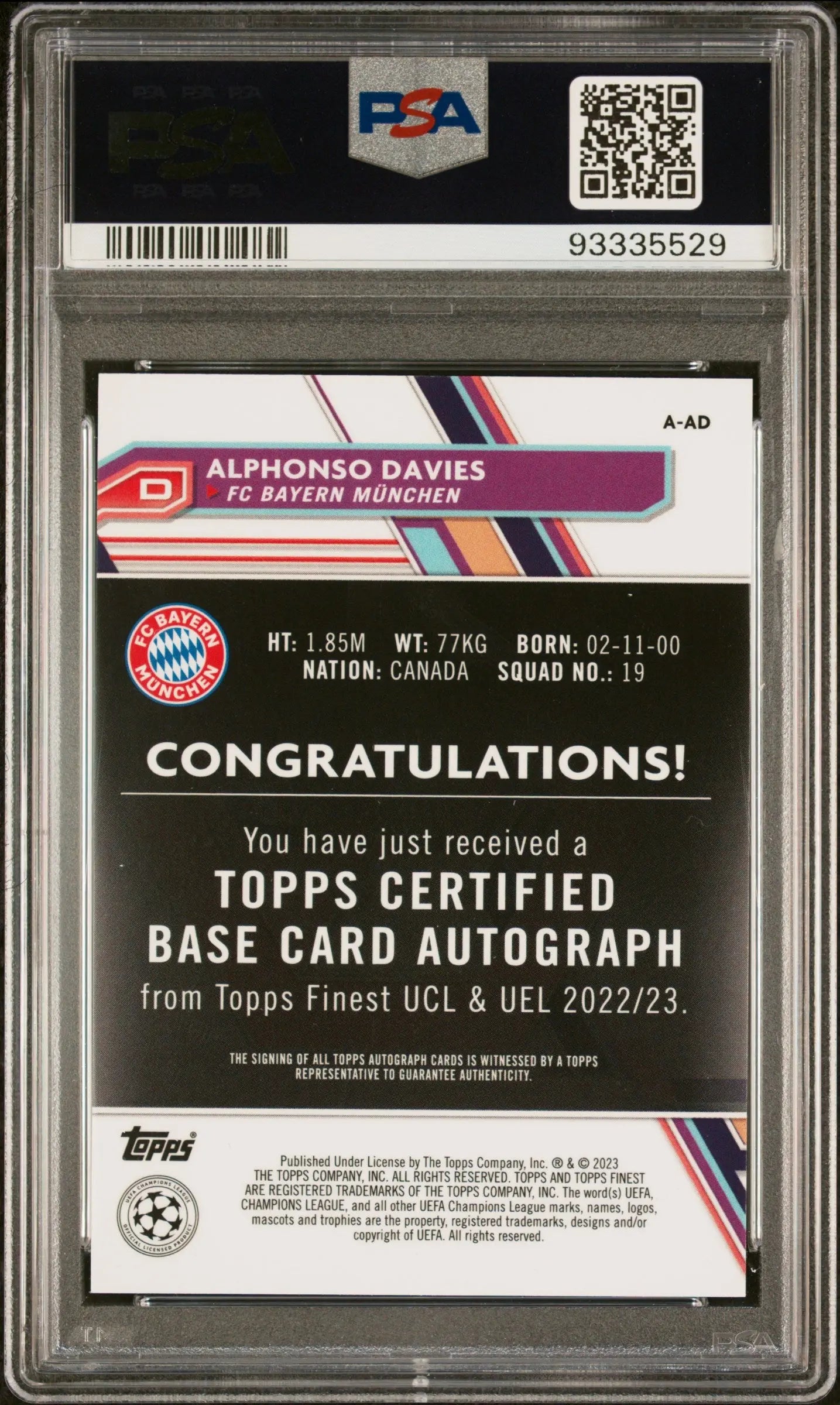 Alphonso Davies Auto Blue Refractor /150 PSA 10 2022-23 Topps Finest UCC 