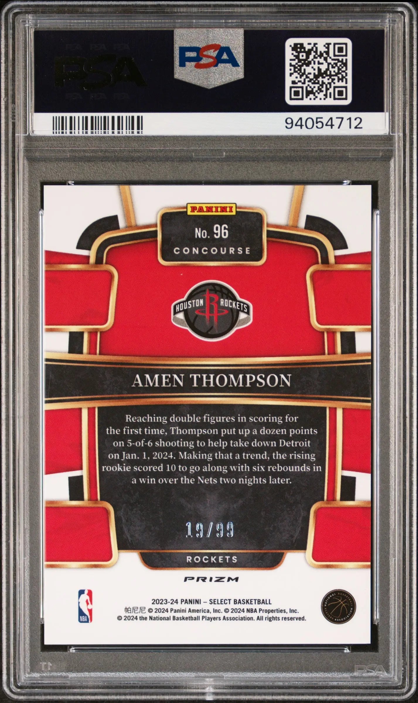 Amen Thompson RC Rookie PSA 10 2023-24 Panini Select Pink Cracked Ice 