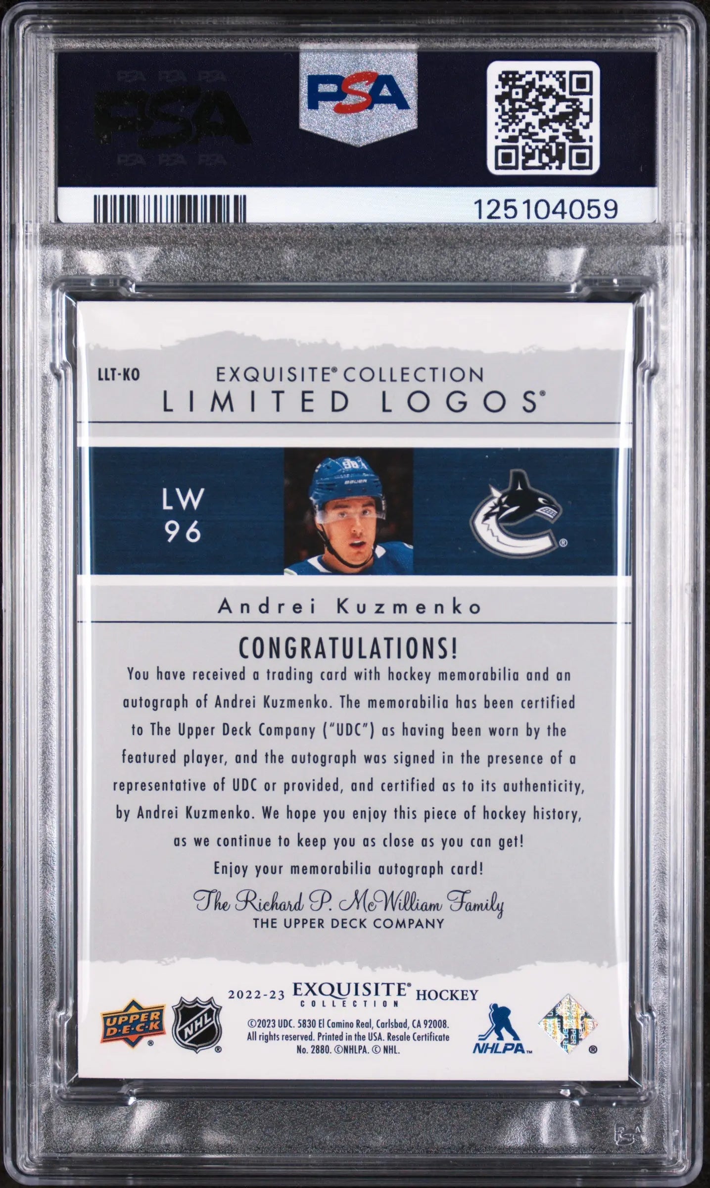 Andrei Kuzmenko Auto Patch /50 PSA 9 2023-24 UD The Cup EXQUISITE LIMITED LOGOS 
