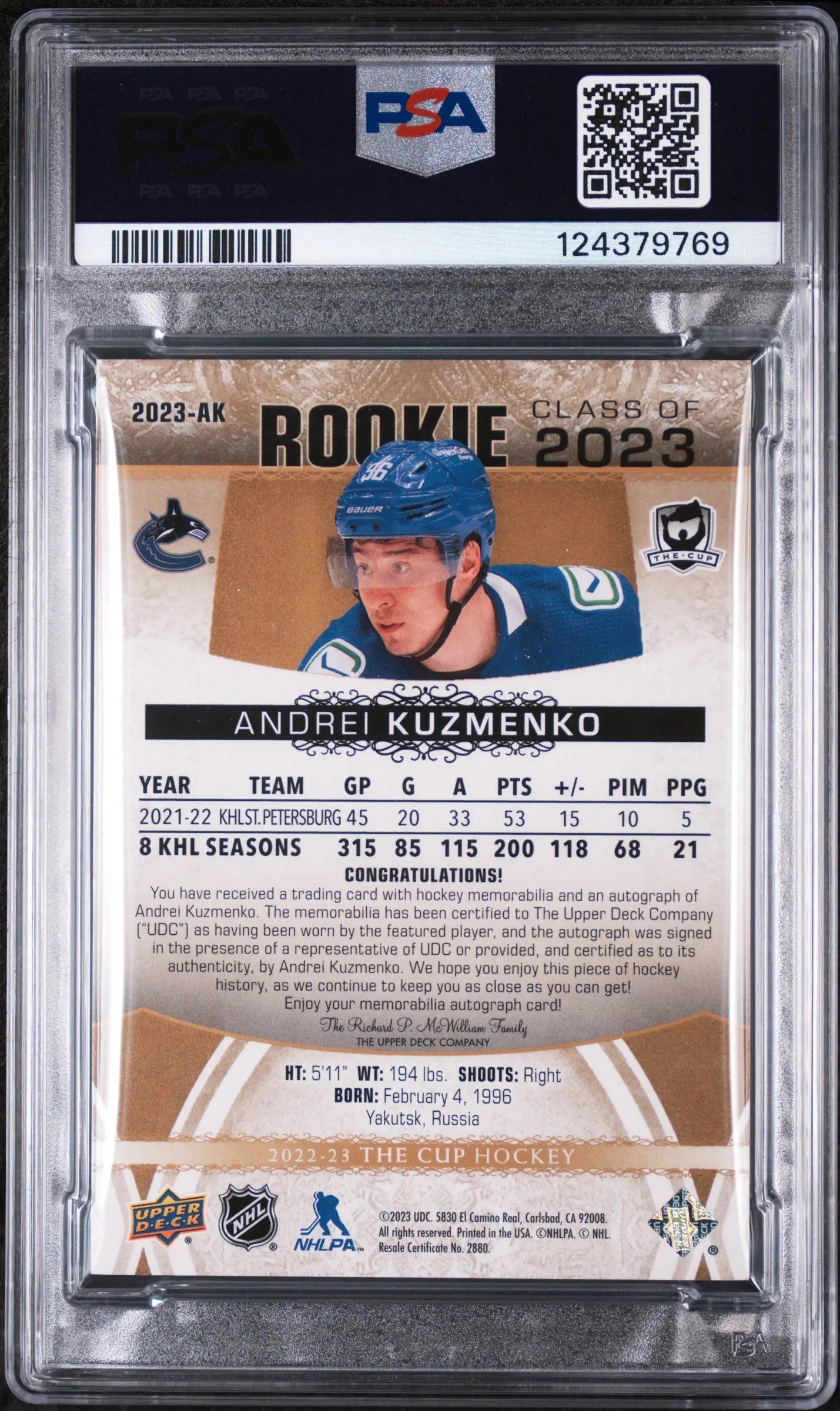 Andrei Kuzmenko Class of 2023 Patch Auto /10 10/10 PSA 10 RC Rookie UD The Cup 