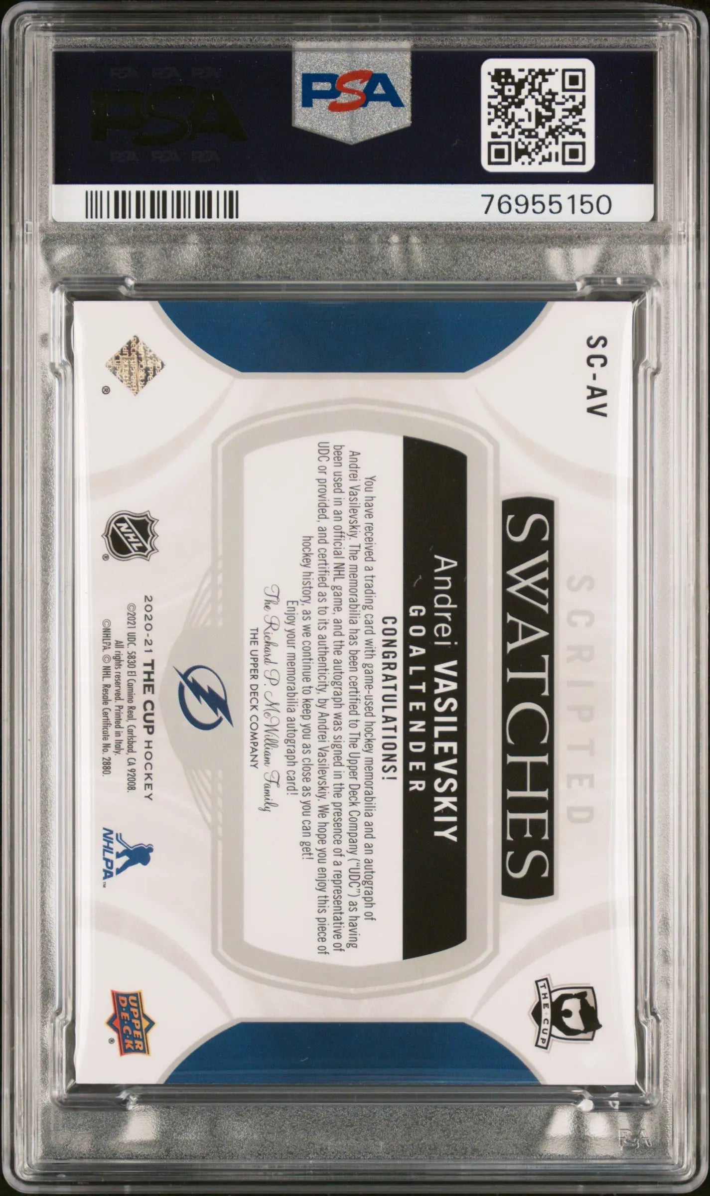 Andrei Vasilevskiy /35 PSA 9 2020-21 UD The Cup Scripted Swatches Auto 