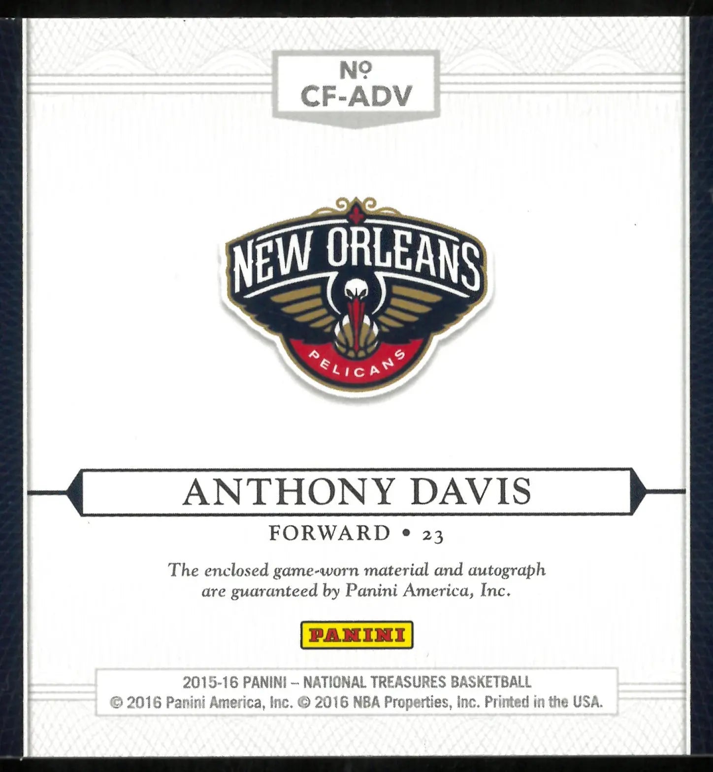 Anthony Davis Patch Auto /10 10/10 2015-16 National Treasures Clutch 