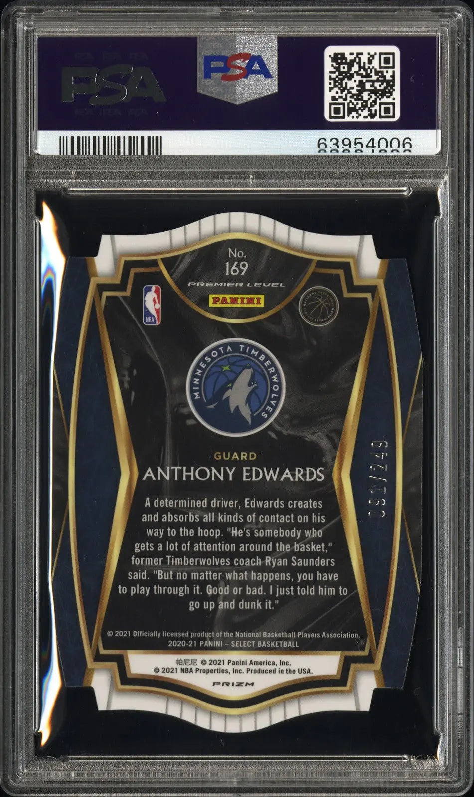 Anthony Edwards RC Rookie /249 2020-21 Panini Select Blue Die Cut Prizm PSA 10 