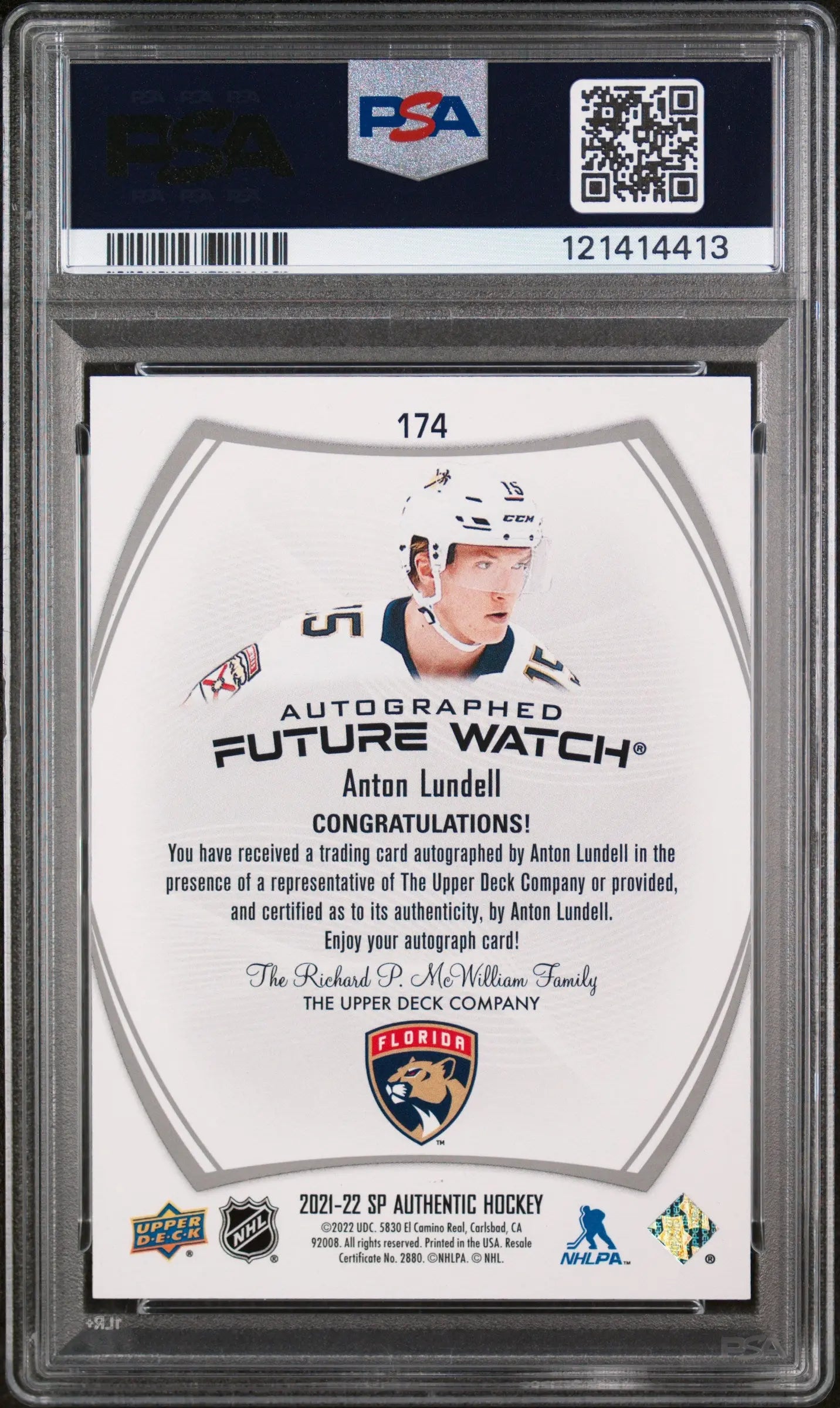 Anton Lundell Future Watch Auto PSA 10 Autograph RC Rookie SP Authentic 2021-22 