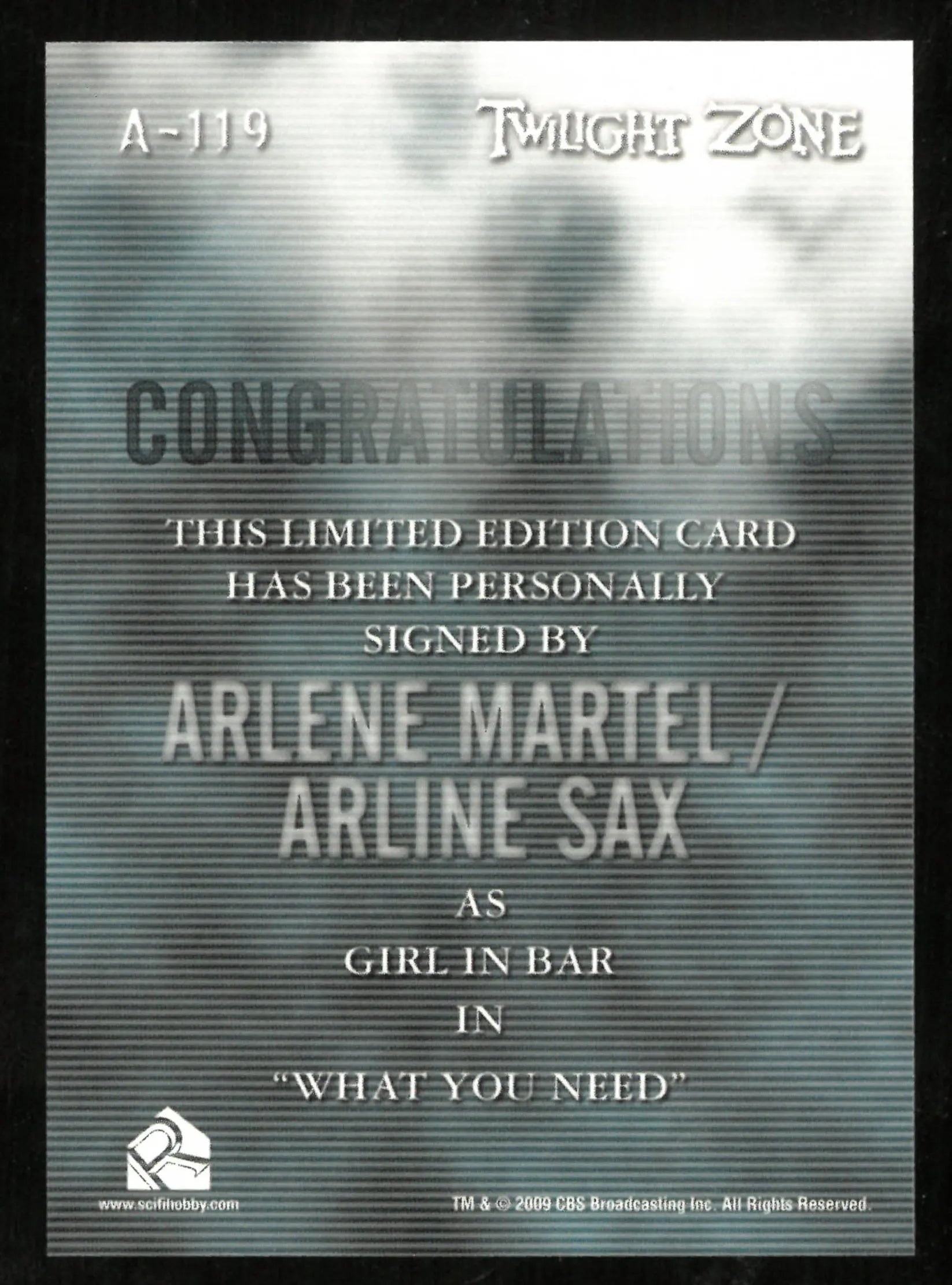 Arlene Martel/ Arline Sax as Girl in Bar Twilight Zone Auto Autograph #A-119 
