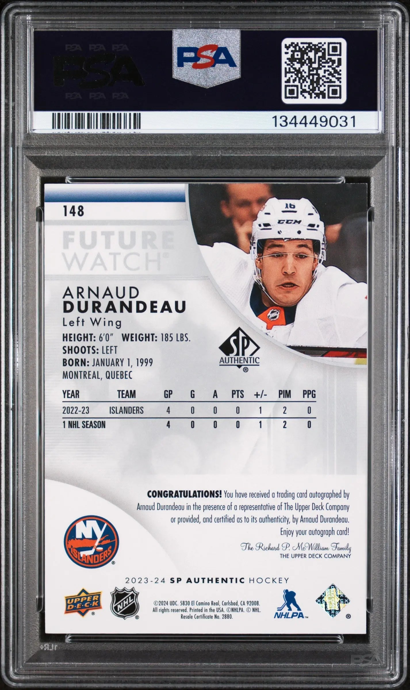Arnaud Durandeau Auto RC PSA 9 Future Watch Autograph Rookie 2023-24 23-24 