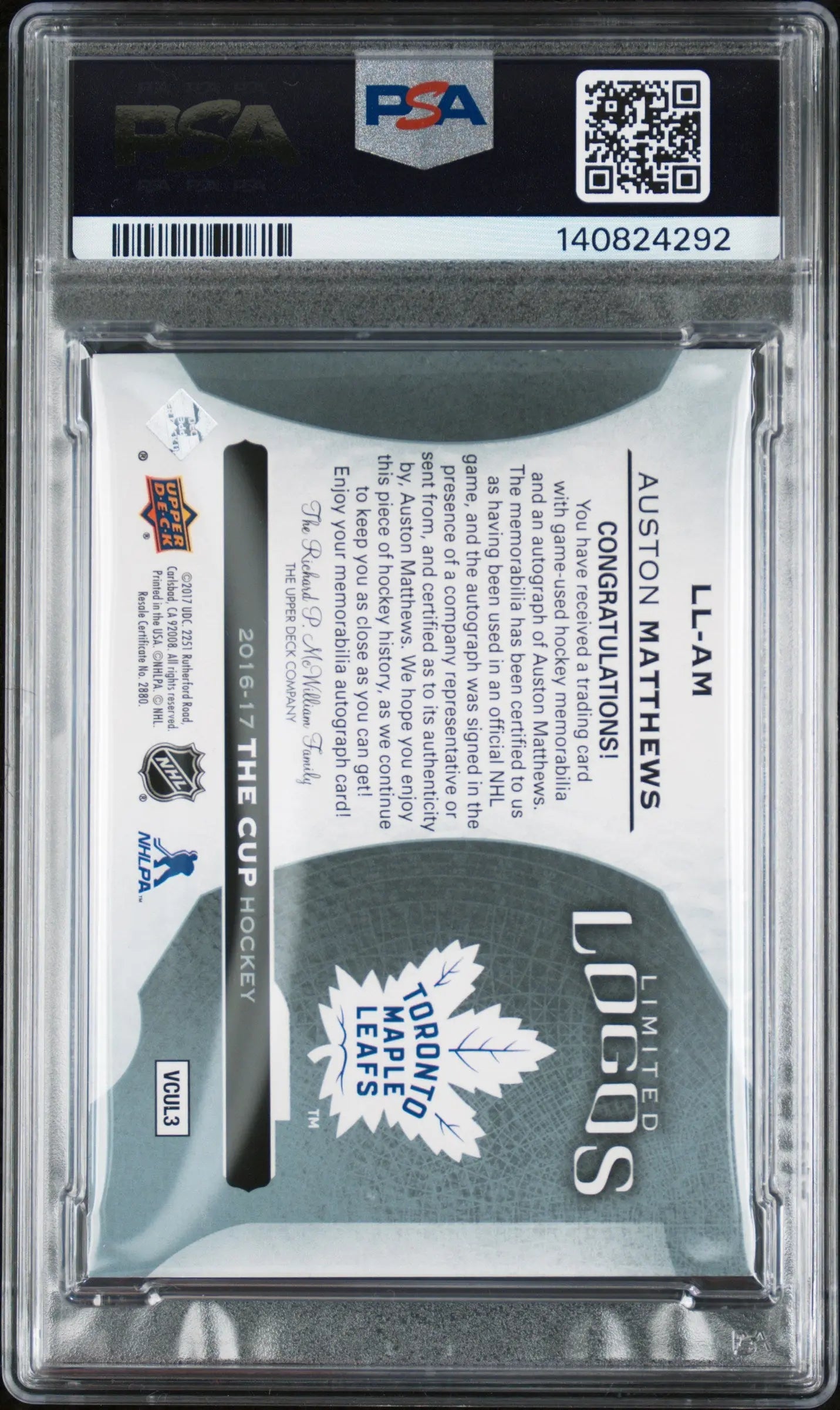 Auston Matthews RC Limited Logos /50 PSA Authentic Auto 2016-17 UD The Cup 